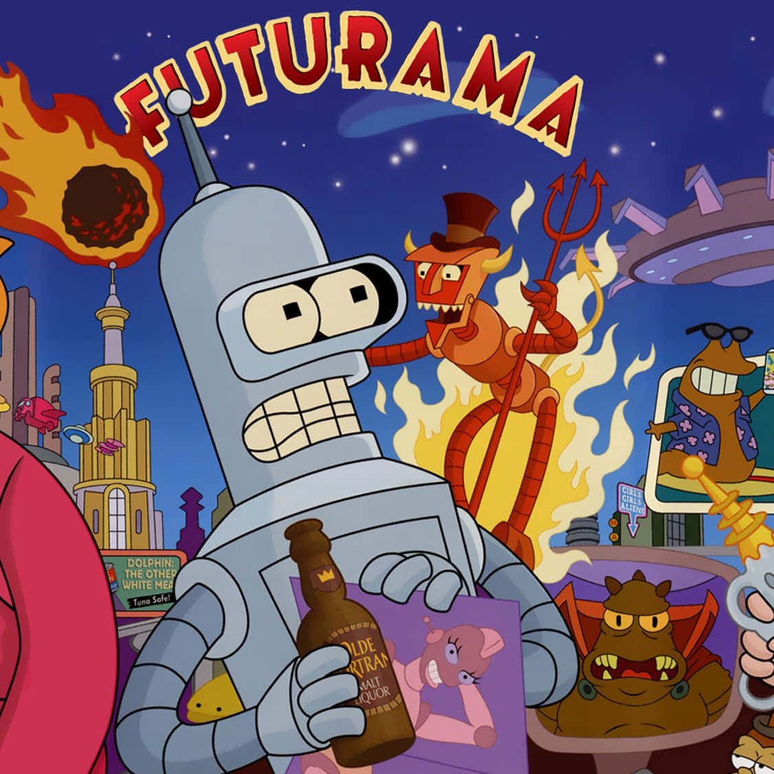 飛出個未來 桌布 壁紙 — 在星空下，Futurama 機器人手持啤酒瓶，置身於混亂的卡通角色和熾熱爆炸之中。