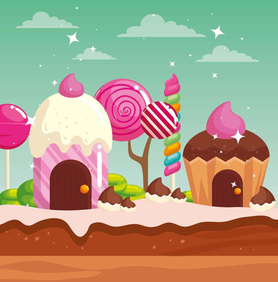 Candy Land 桌布 壁紙 — 在星空下，一個充滿奇思妙想的糖果樂園場景，有紙杯蛋糕屋和巨型棒棒糖。