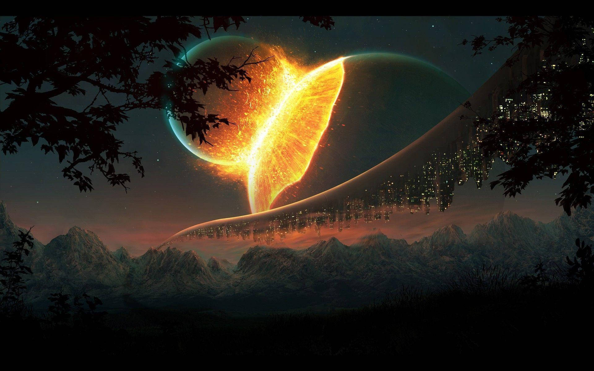 外太空 桌布 壁紙 — 在星空下，一個熾熱的天體事件分裂了一顆發光的行星，位於被樹木剪影框住的山脈之上。