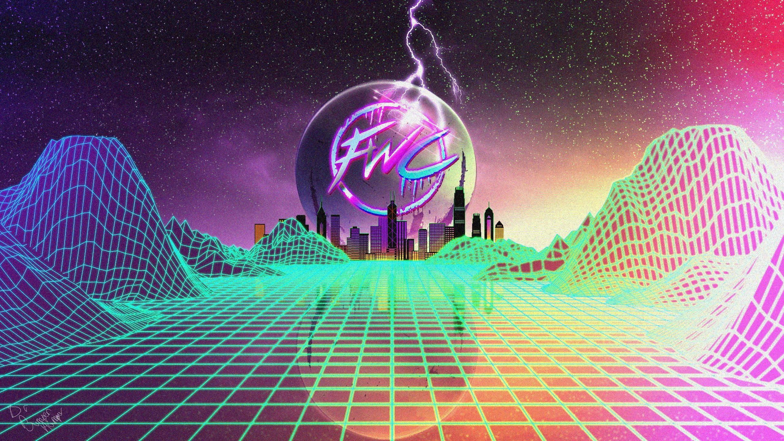 蒸氣波 桌布 壁紙 — 在星空下，一個發光的球體和閃電在未來城市輪廓上方的霓虹網格景觀。