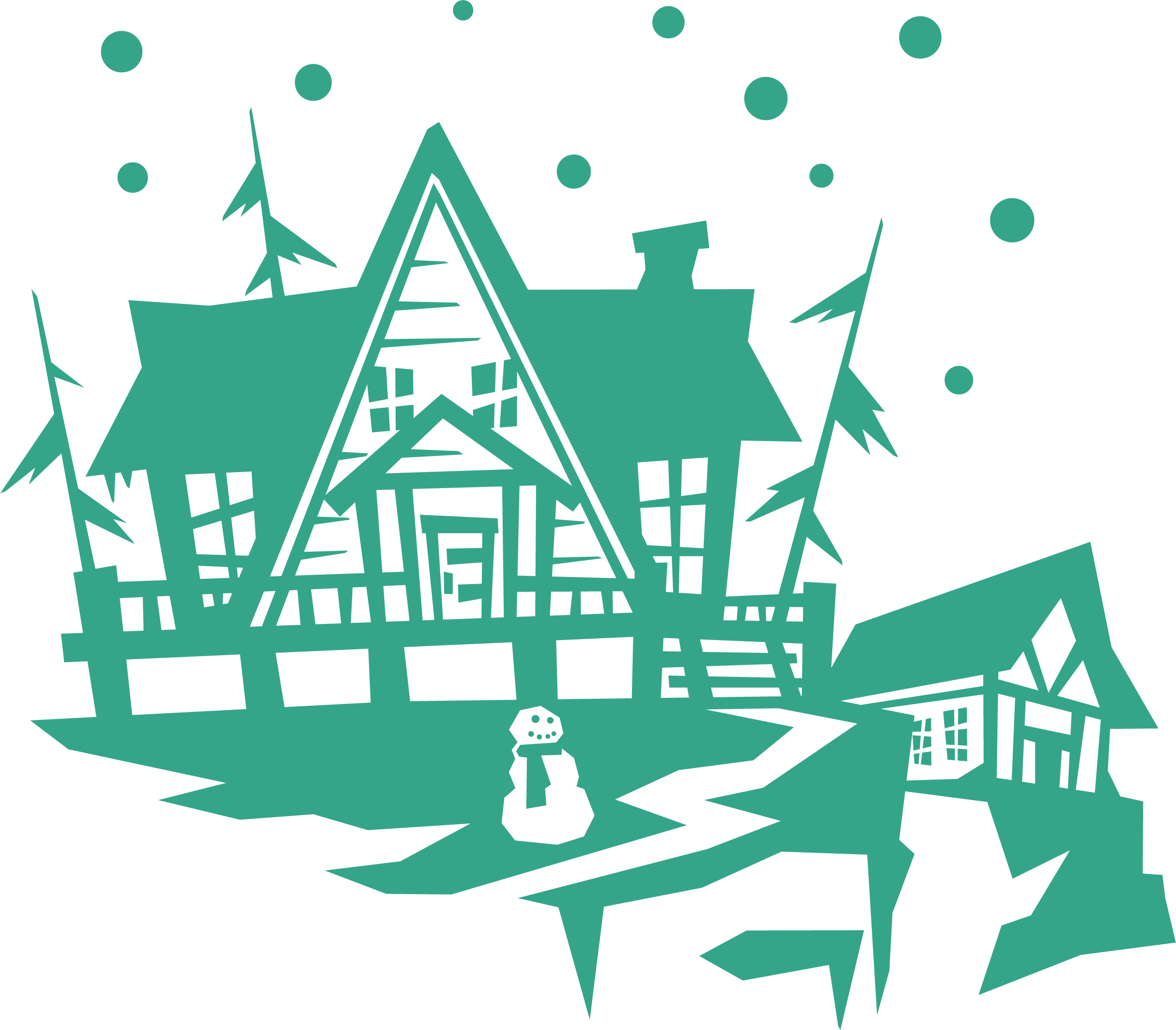 Mansion 桌布 壁紙 — 在星空下，一座有鋸齒狀樹木和雪人的詭異房子的青綠色剪影。