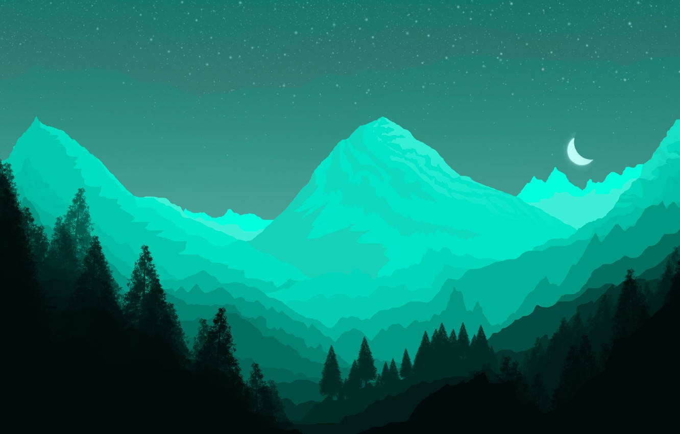 Photoshop HD 桌布 壁紙 — 在星空下，一彎新月照耀著青綠色的山峰和黑暗的松林，寧靜的夜間山脈。