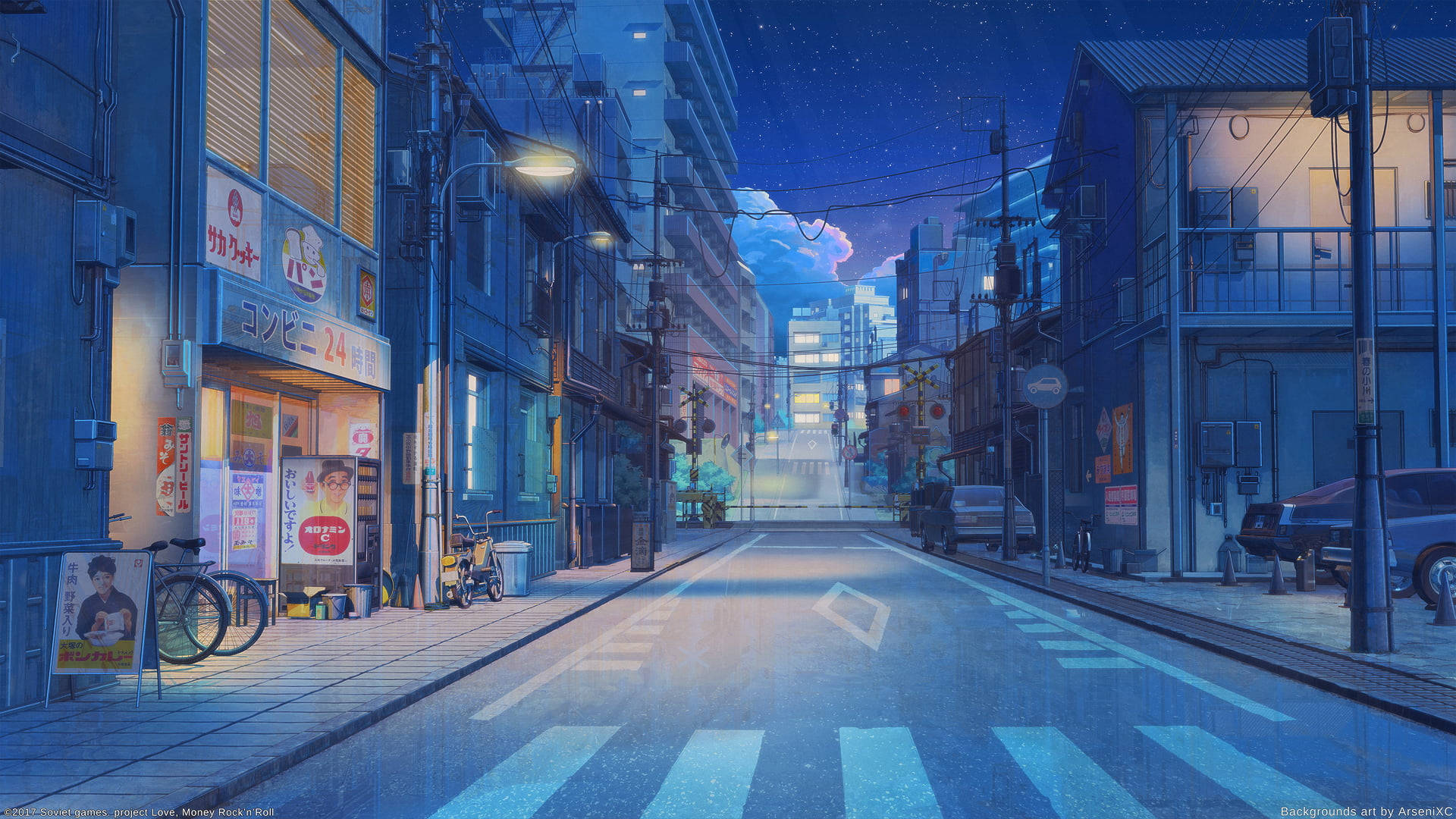 1920X1080 桌布 壁紙 — 在星空下，一條寧靜的日本街道，夜晚有發光的商店招牌和濕漉漉的人行道反射城市燈光。