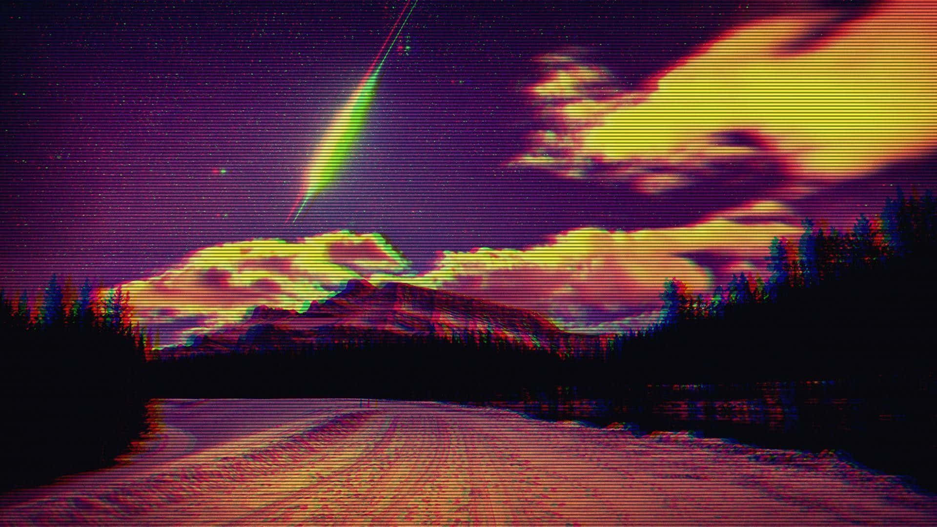 Glitch 桌布 壁紙 — 在星空下，一條帶有故障效果的霓虹燈山間公路，上方有一顆充滿活力的流星劃過。