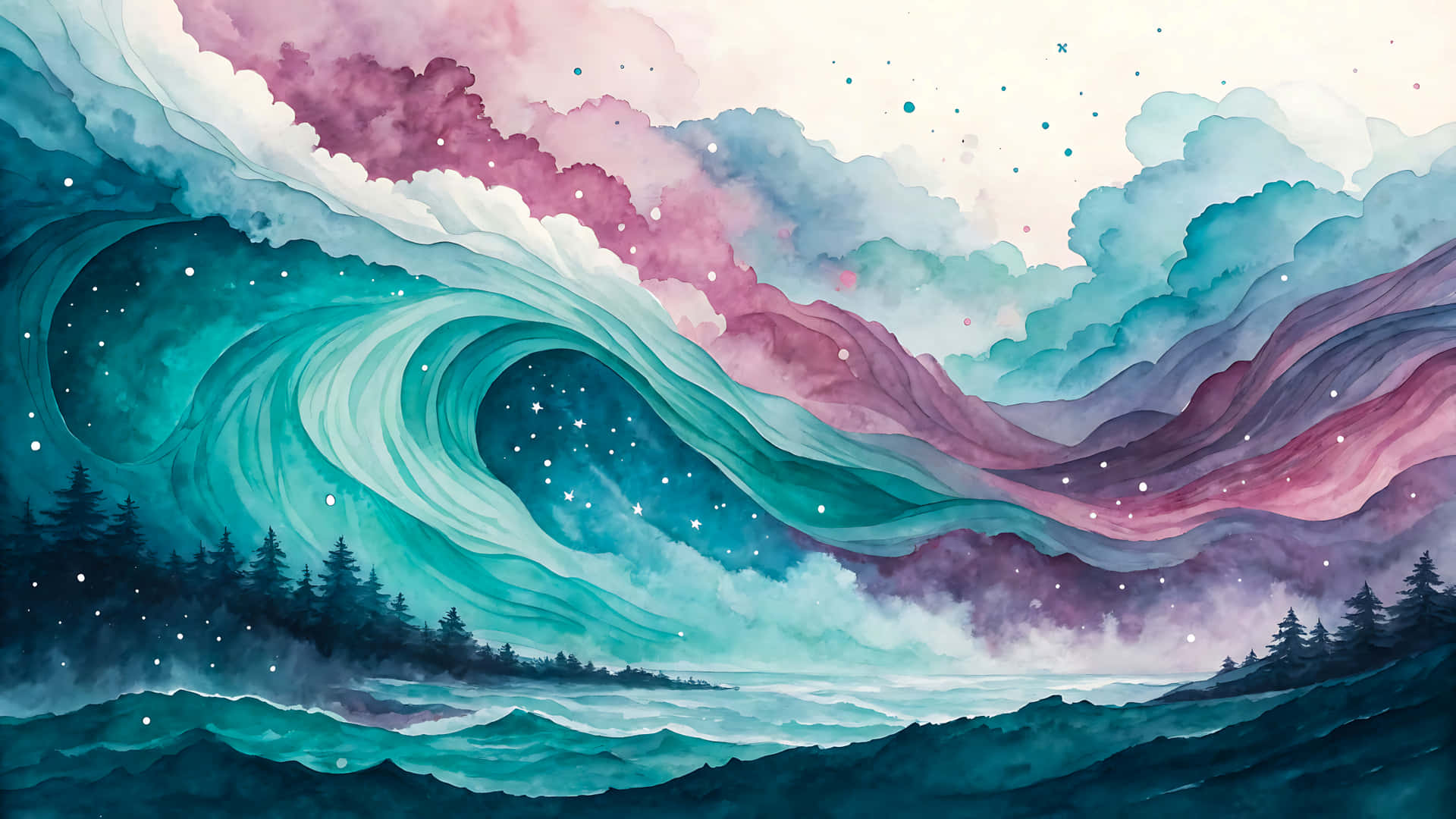 Watercolor painting of a serene landscape with teal and pink sky 壁紙 — 在星空下，一道超現實的水彩波浪在樹林覆蓋的海岸線上旋轉，帶有青綠色和洋紅色調。