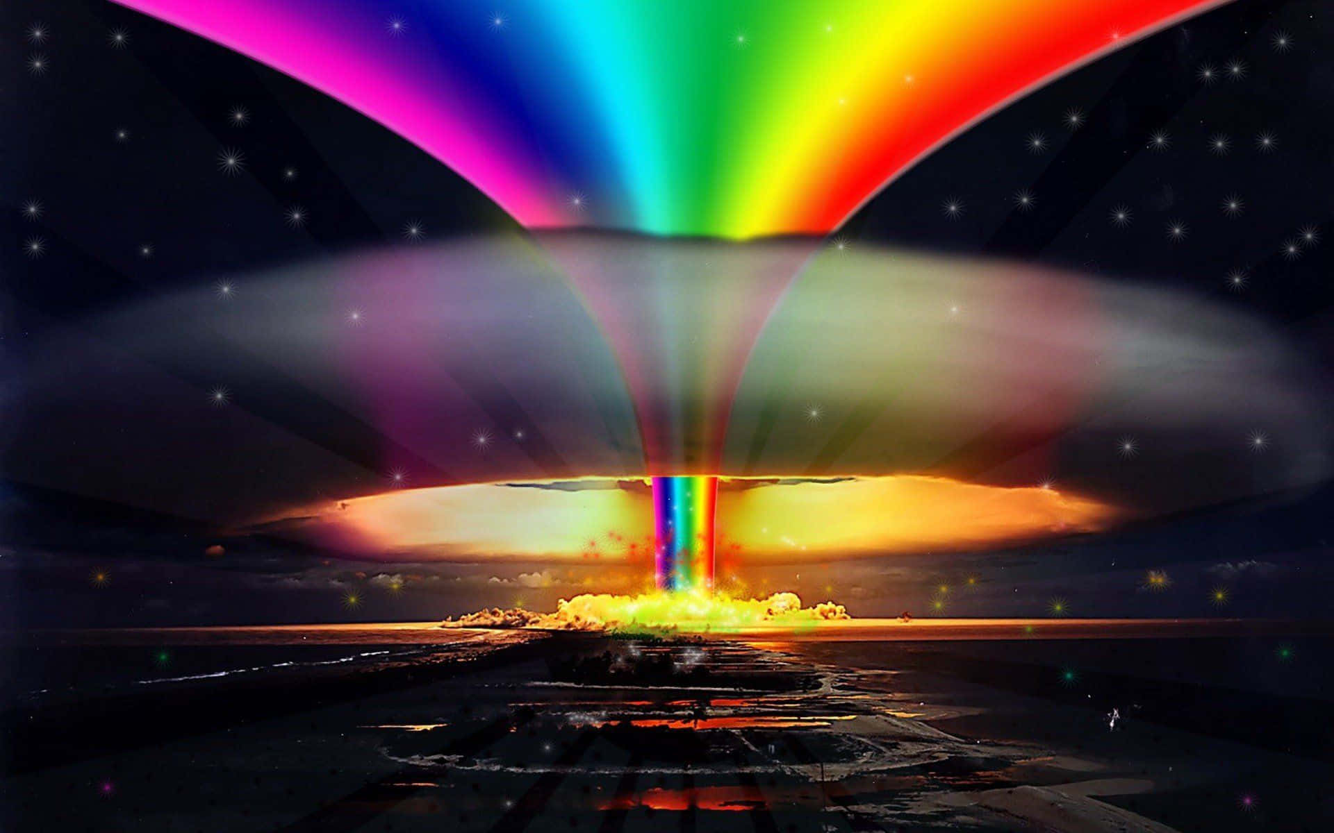 LGBT 桌布 壁紙 — 在星空下，一道鮮豔的彩虹光束從黑暗水面上發光的爆炸中噴射而出。