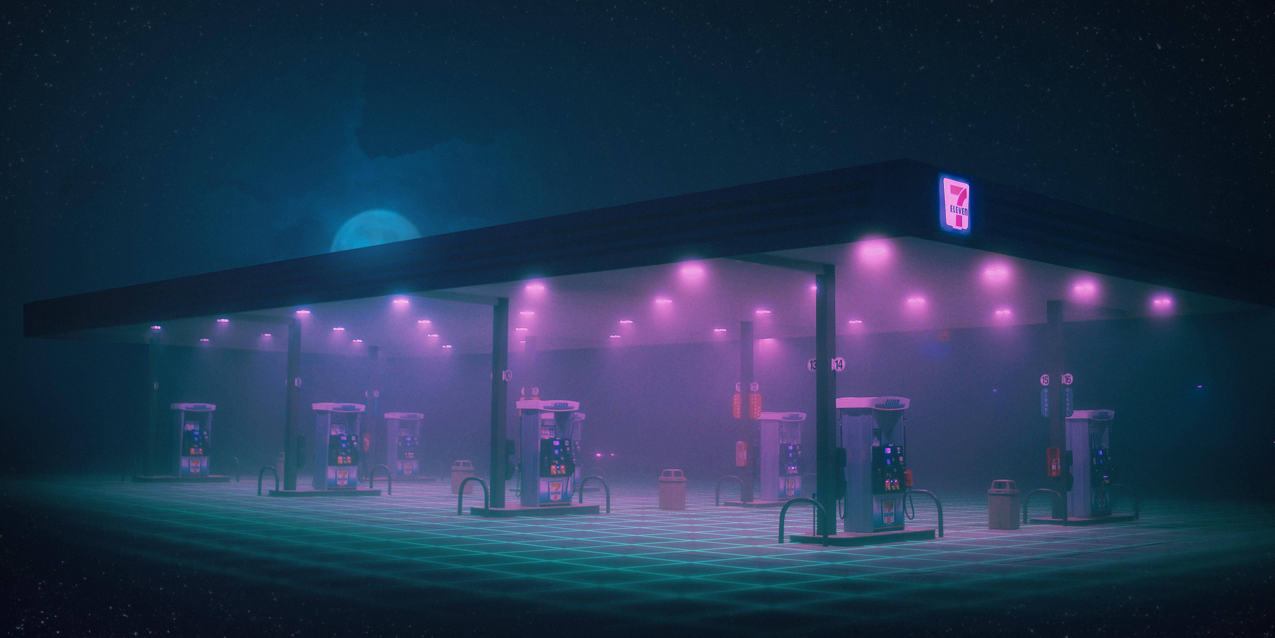 Gas Station 桌布 壁紙 — 在星空下，一間霓虹燈照亮的加油站，發光的月亮將紫色和藍綠色的光投射在空油泵上。