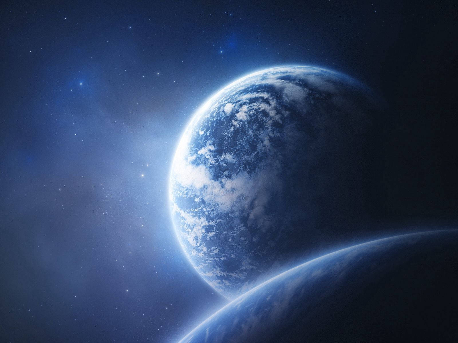 太空 桌布 壁紙 — 在星空下，地球和另一顆行星在深空中發光的壯麗景色。