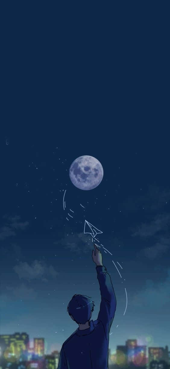 Live Aesthetic 桌布 壁紙 — 在星空下，城市夜晚中一個孤獨的身影向著明亮的滿月發射紙飛機。