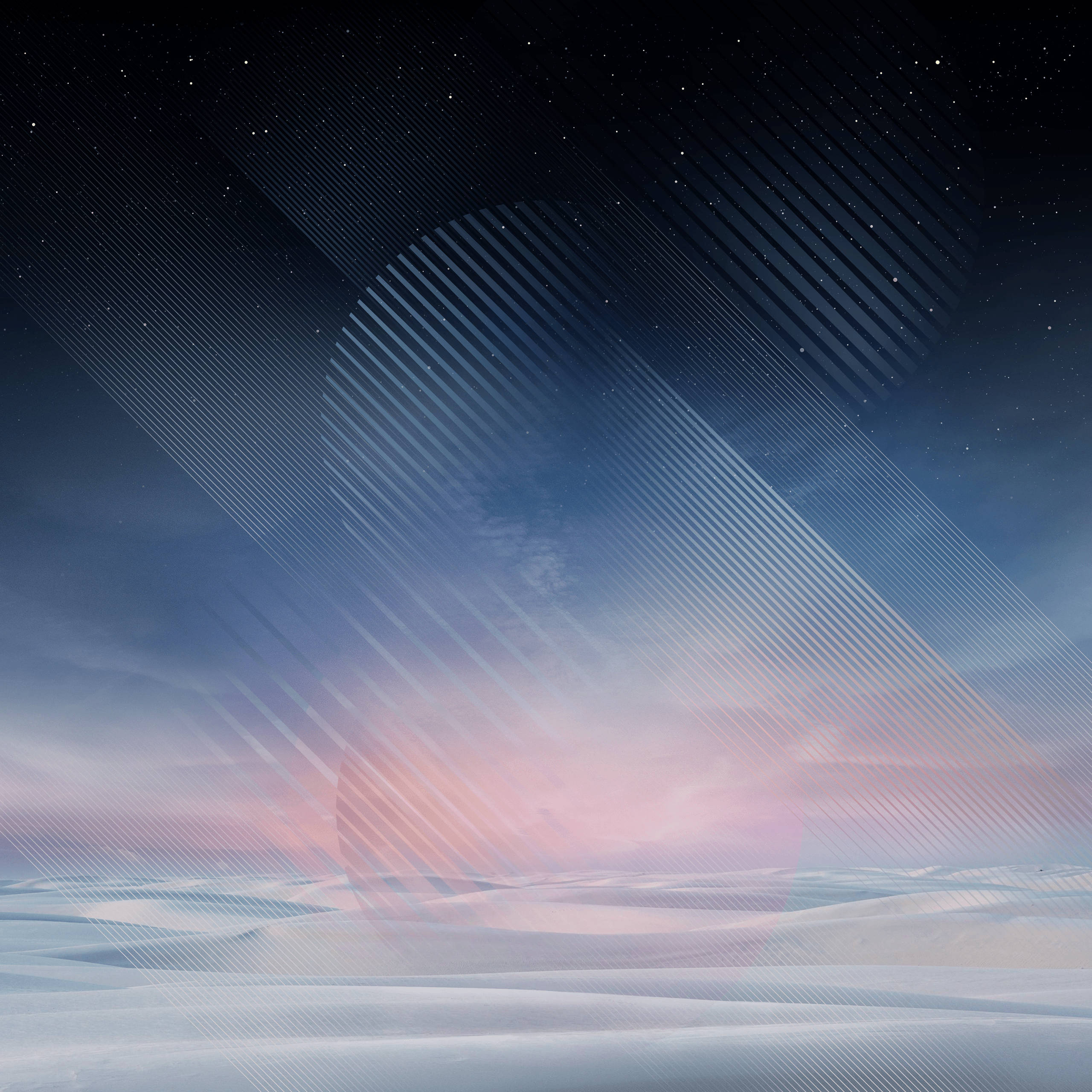 Note 8 桌布 壁紙 — 在星空下，帶有對角光線和發光粉紅色地平線的超現實雪景。