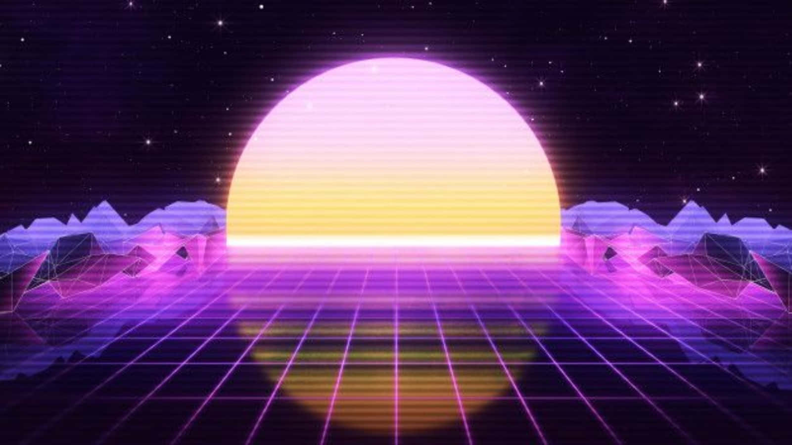 80s Vaporwave 桌布 壁紙 — 在星空下，幾何山脈和網格地板上閃耀的霓虹日落。