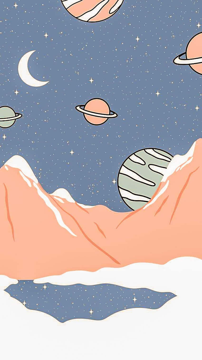 Cute Space 桌布 壁紙 — 在星空下、新月和漂浮行星的夢幻宇宙景觀中，柔和色調的山脈。