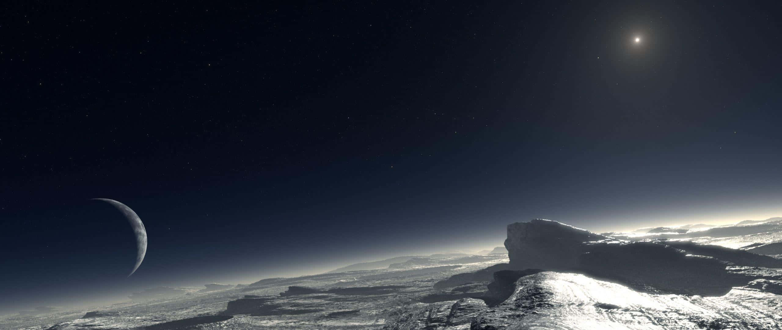 pluto 桌布 壁紙 — 在星空下，新月和遙遠的太陽在岩石地形上投下長長陰影的荒涼外星景觀。
