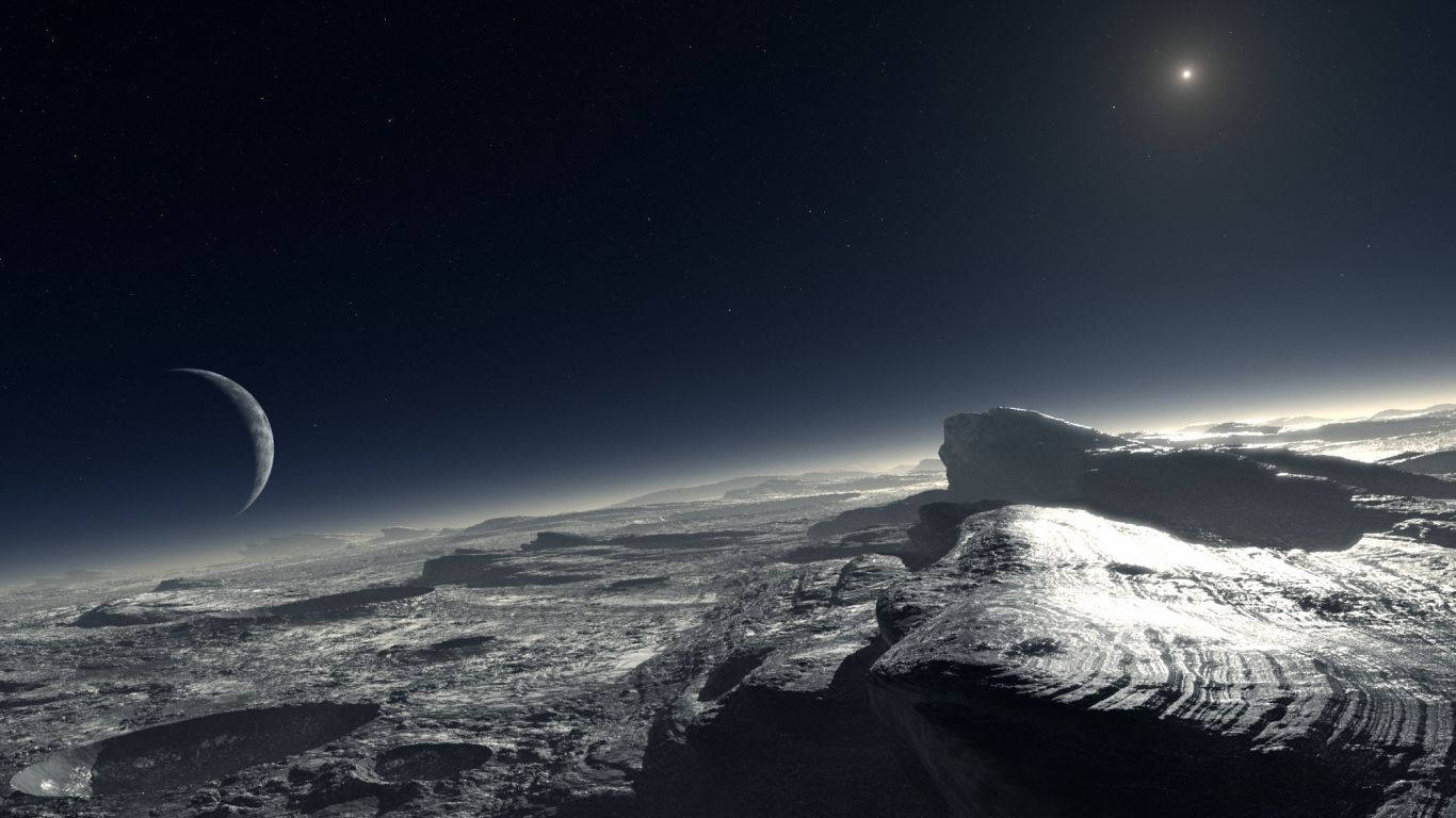 行星動畫 桌布 壁紙 — 在星空下，新月和遙遠的太陽在崎嶇的地形上投下長長陰影的荒涼外星景觀。