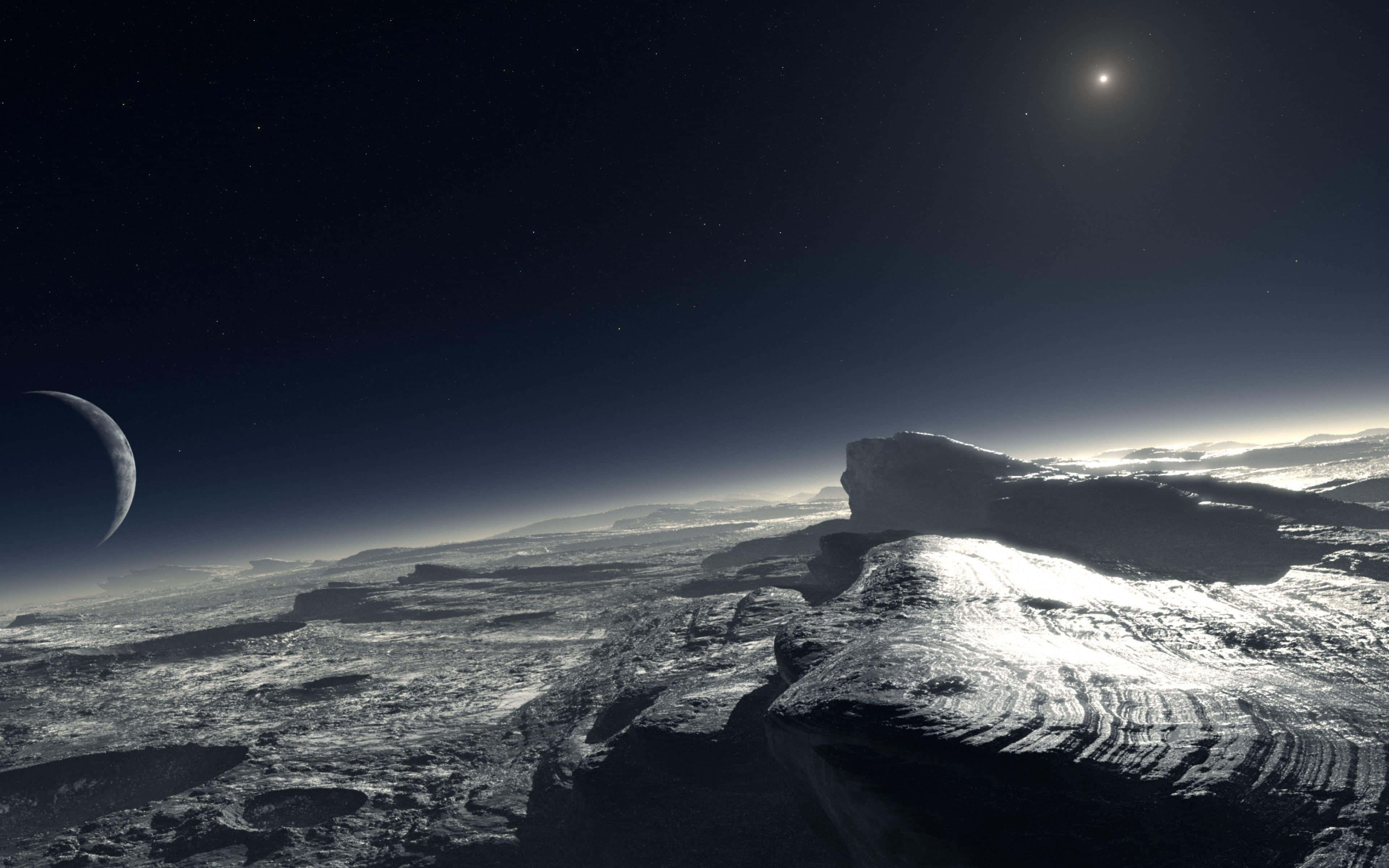 pluto 桌布 壁紙 — 在星空下，新月和遙遠的太陽在崎嶇的地形上投下長長陰影的荒涼外星景觀。