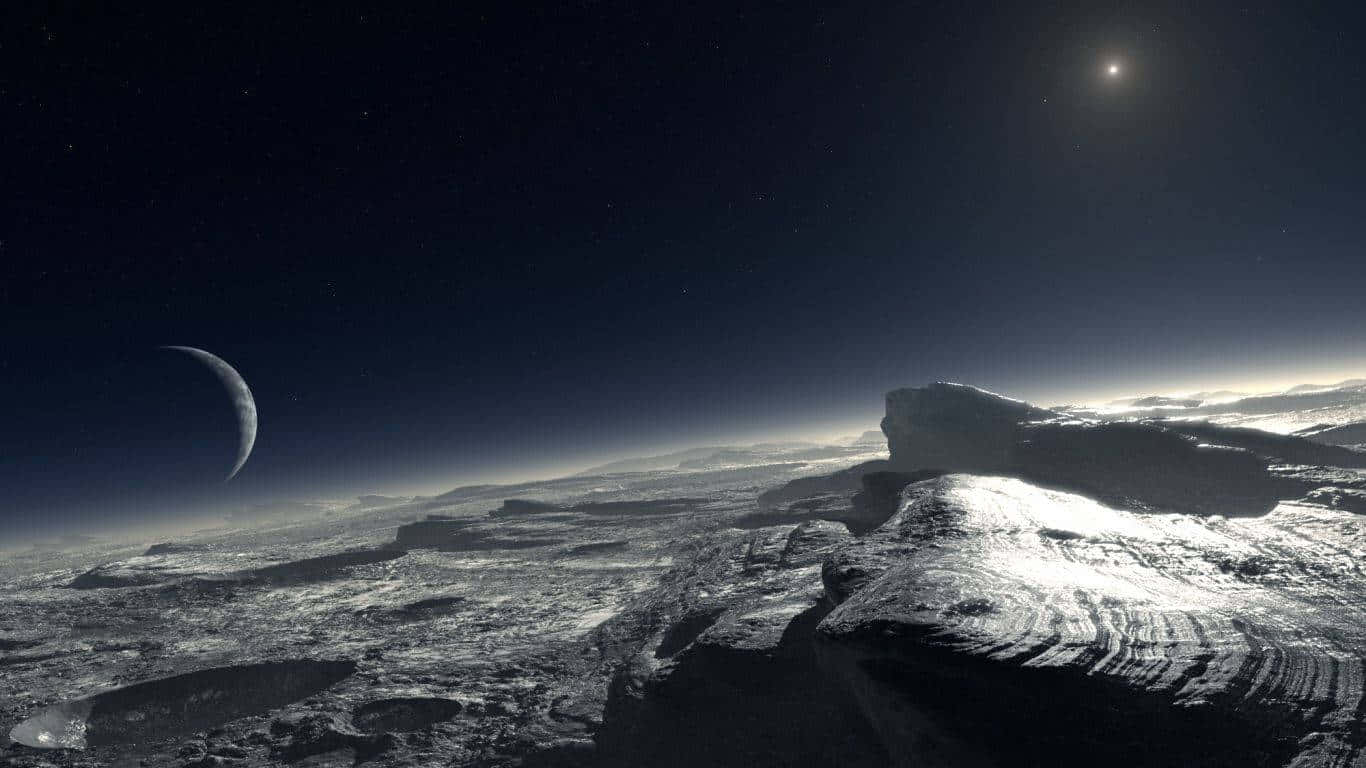 1366x768 Monitor 桌布 壁紙 — 在星空下，新月和遙遠的太陽在崎嶇的地形上投下長長的陰影，形成一片荒涼的外星景觀。