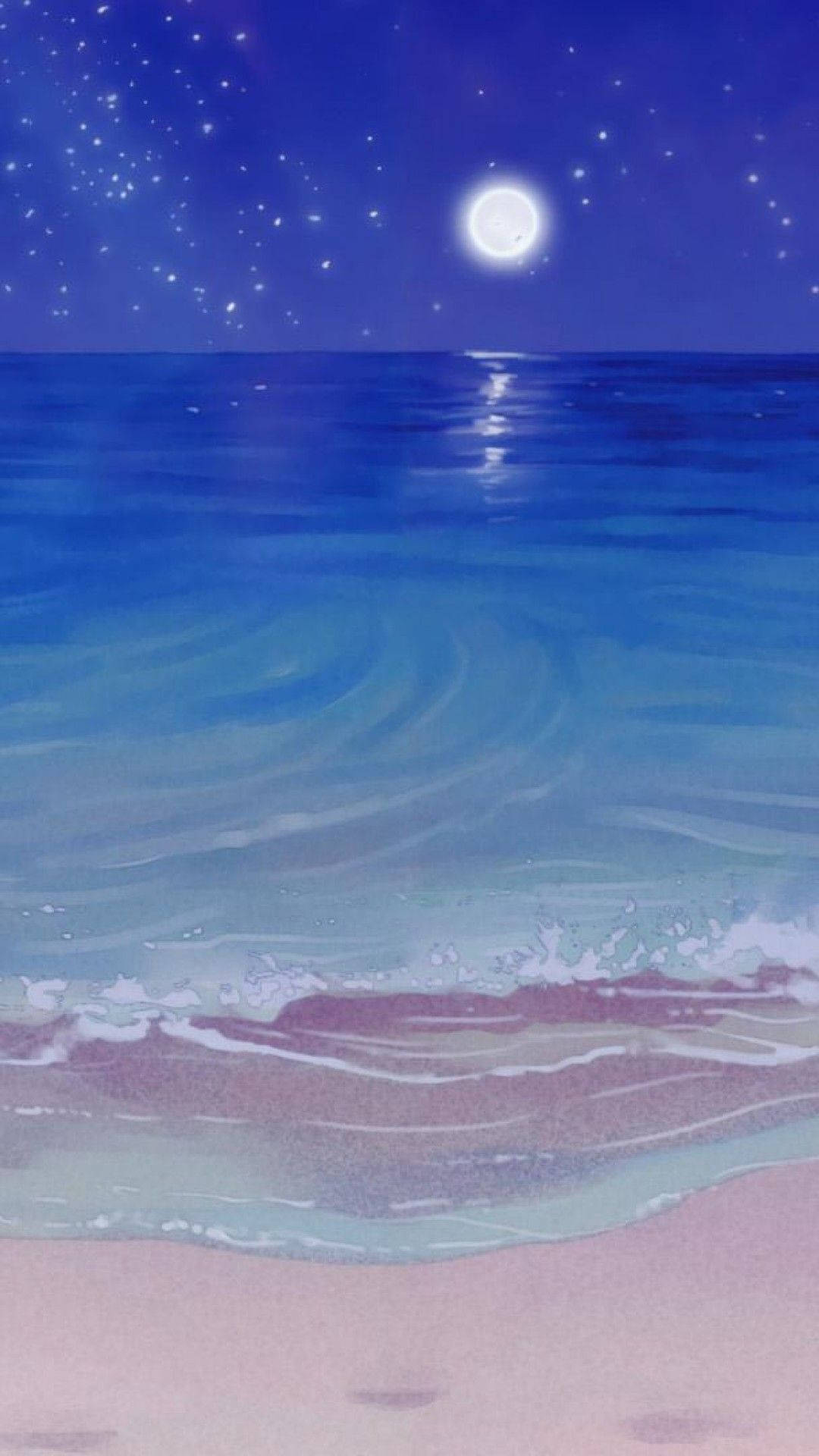 Aesthetic Anime Phone 桌布 壁紙 — 在星空下，月光照耀的海洋場景，溫柔的海浪沖刷著粉紅色的沙灘。