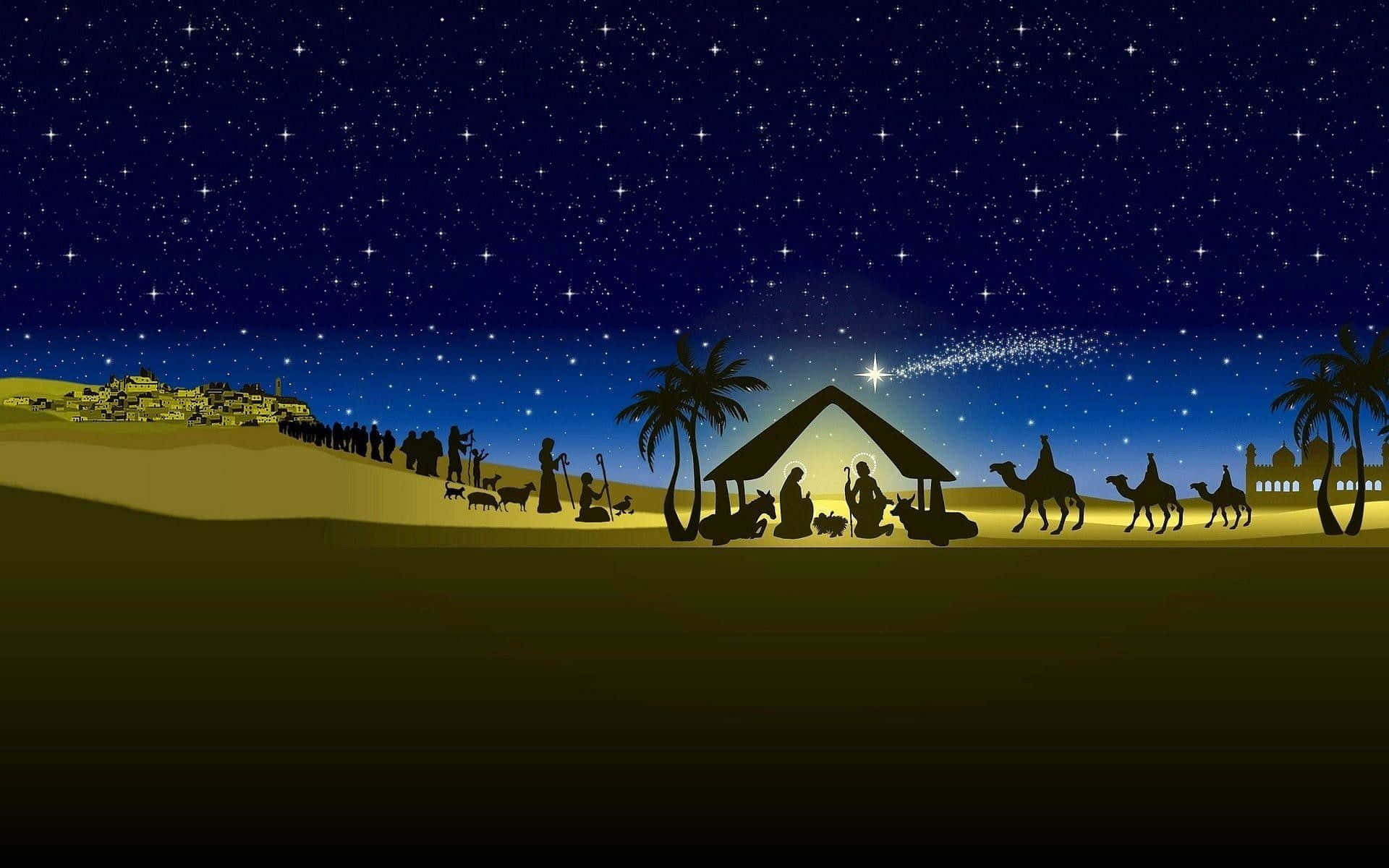 Nativity 桌布 壁紙 — 在星空下、棕櫚樹和遠處城市燈光中的剪影耶穌誕生場景。