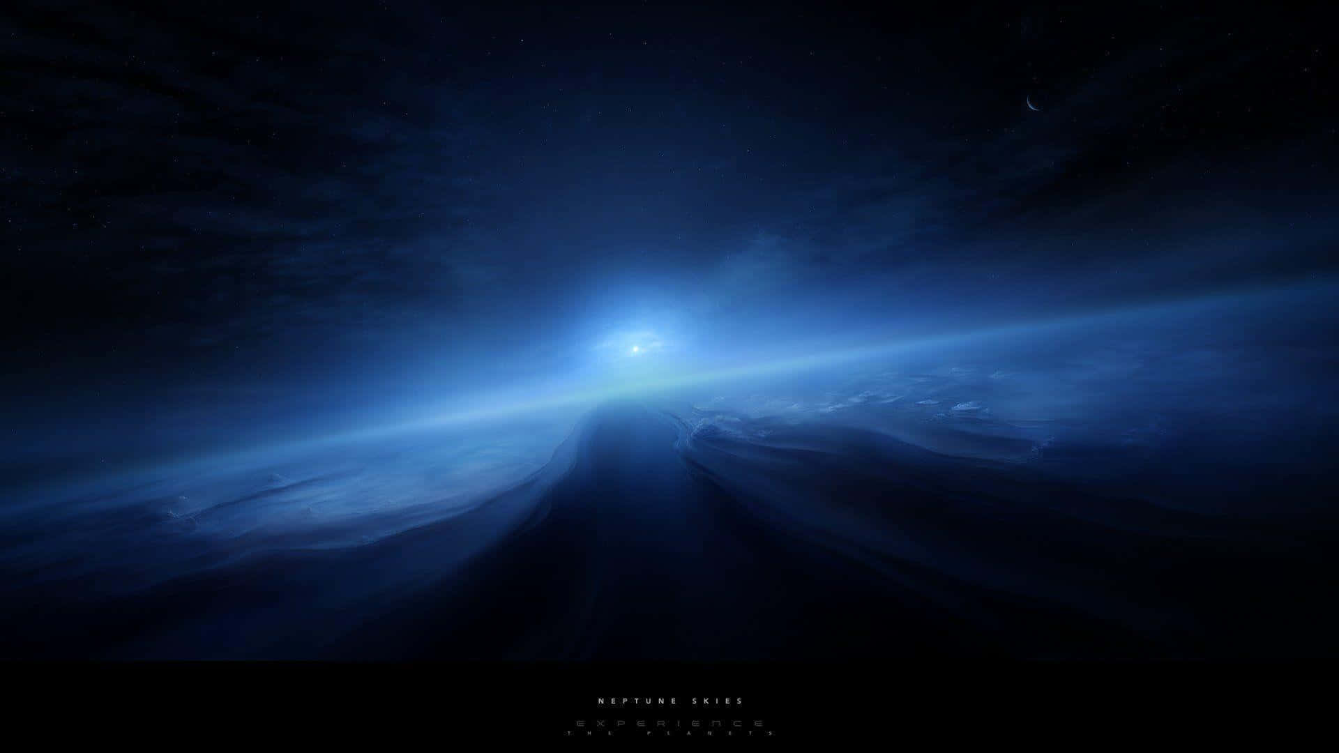 Neptune 桌布 壁紙 — 在星空下，海王星大氣層的光芒照亮了黑暗行星表面的宇宙景象。