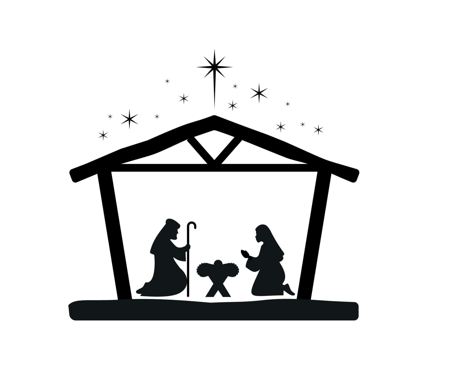 Religious Christmas 桌布 壁紙 — 在星空下，瑪利亞和約瑟跪在馬槽裡的嬰孩耶穌旁邊的黑色剪影。