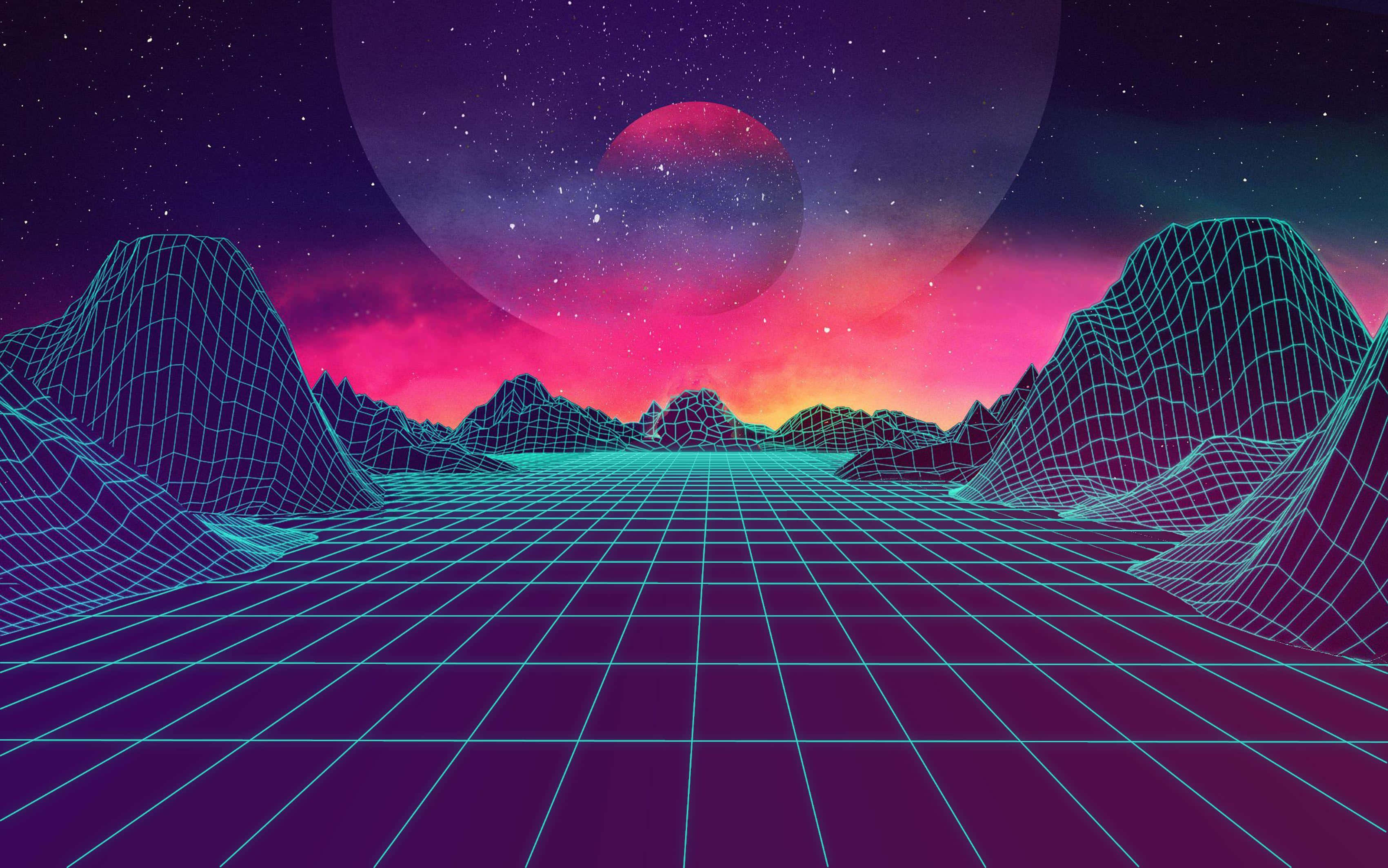 合成波 桌布 壁紙 — 在星空下，發光的山脈和粉紅色日落中的復古未來主義網格景觀。