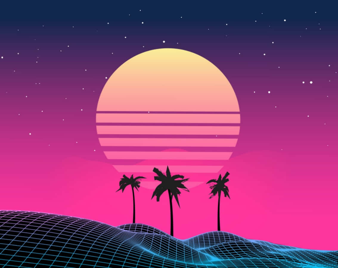 80s Vaporwave 桌布 壁紙 — 在星空下，發光網格景觀上棕櫚樹上方有條紋太陽的復古未來主義日落。