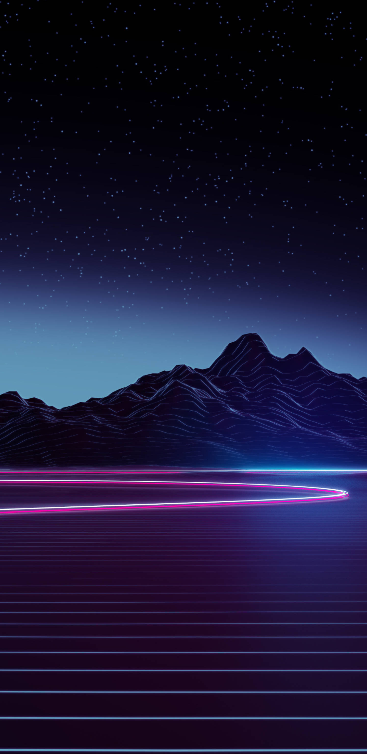 夜空 桌布 壁紙 — 在星空下，發光霓虹線條在網格狀前景上彎曲的復古未來主義山景。