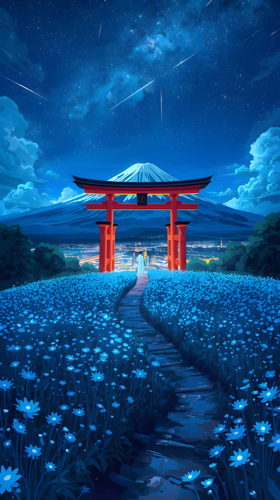 Aesthetic Anime Style Japan Night Scenery 壁紙 — 在星空下，藍色花田中矗立著一座發光的紅色鳥居，背景是富士山。