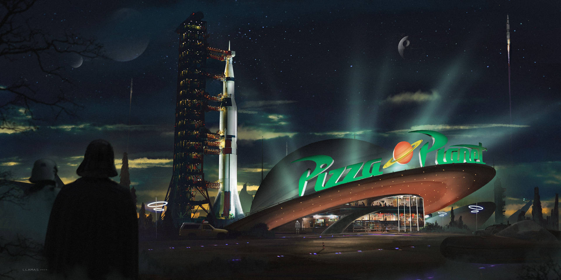 Rocket 桌布 壁紙 — 在星空下，附近發射台上有一艘火箭飛船，未來風格的Pizza Planet餐廳。