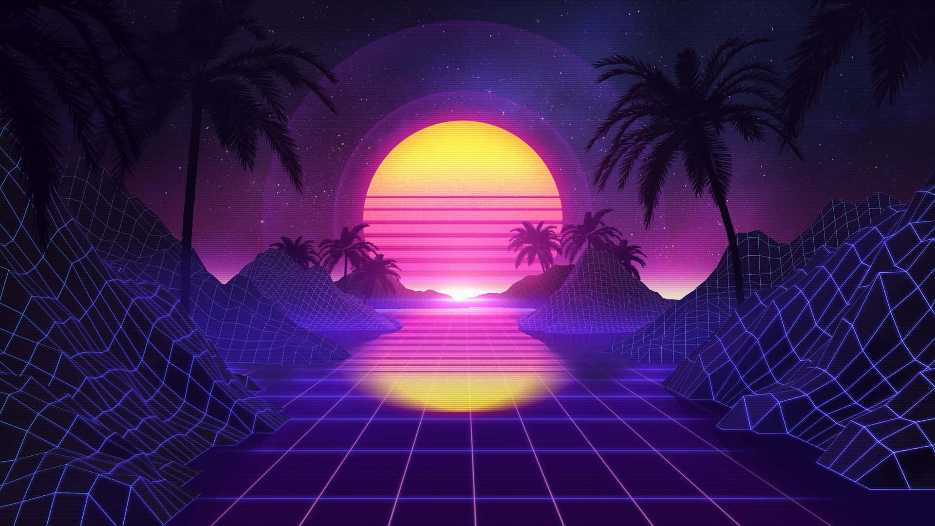 合成波 桌布 壁紙 — 在星空下，霓虹夕陽照耀著一個網格線的熱帶海灘，周圍環繞著棕櫚樹和幾何山脈。