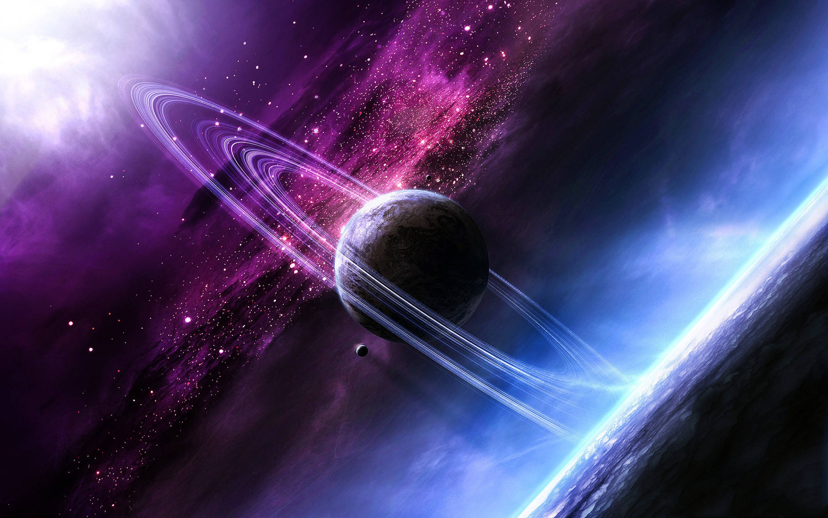 太空美學動圖 桌布 壁紙 — 在星空中，一顆壯麗的環狀行星在紫色和藍色的宇宙雲霧中發光。
