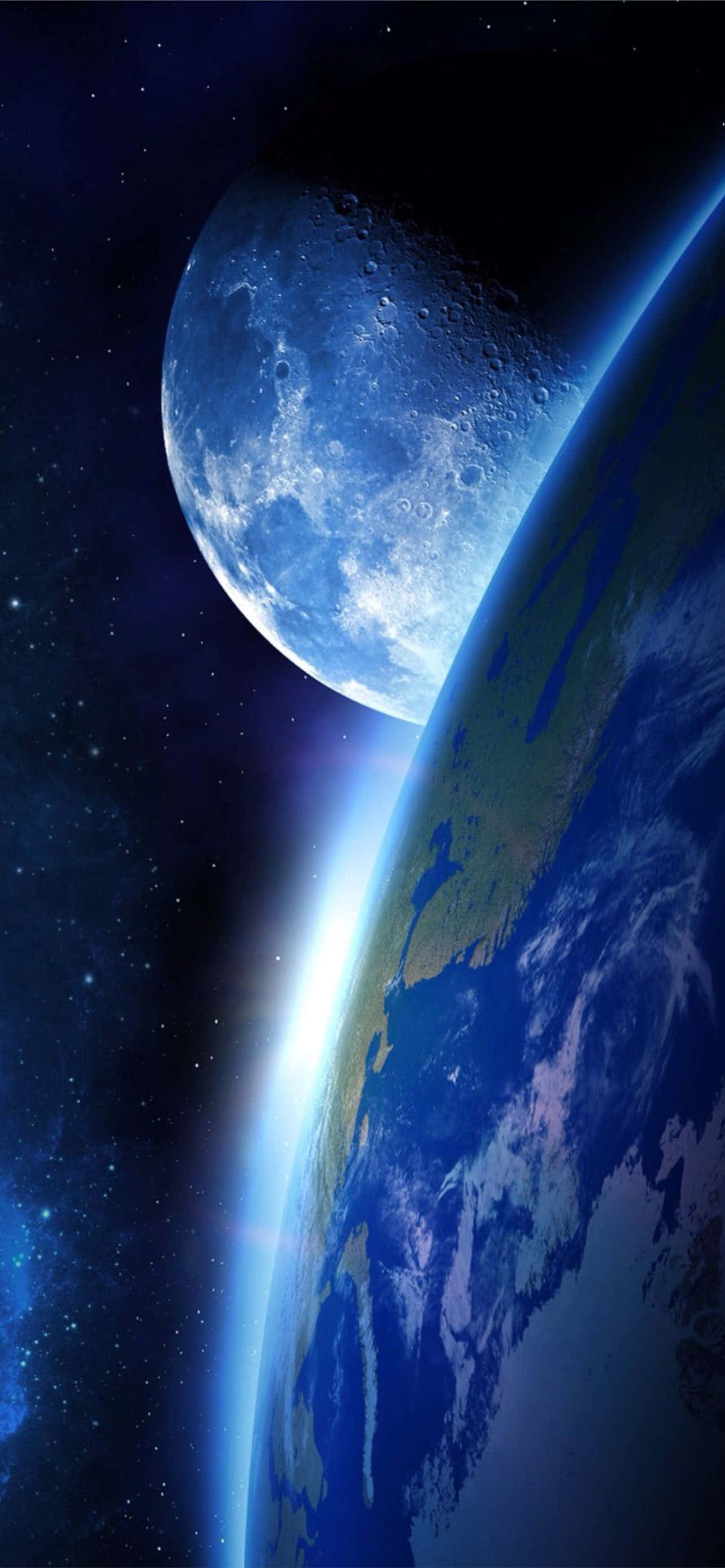 地球 桌布 壁紙 — 在星空中，地球和月球在深空發光的壯麗景色。