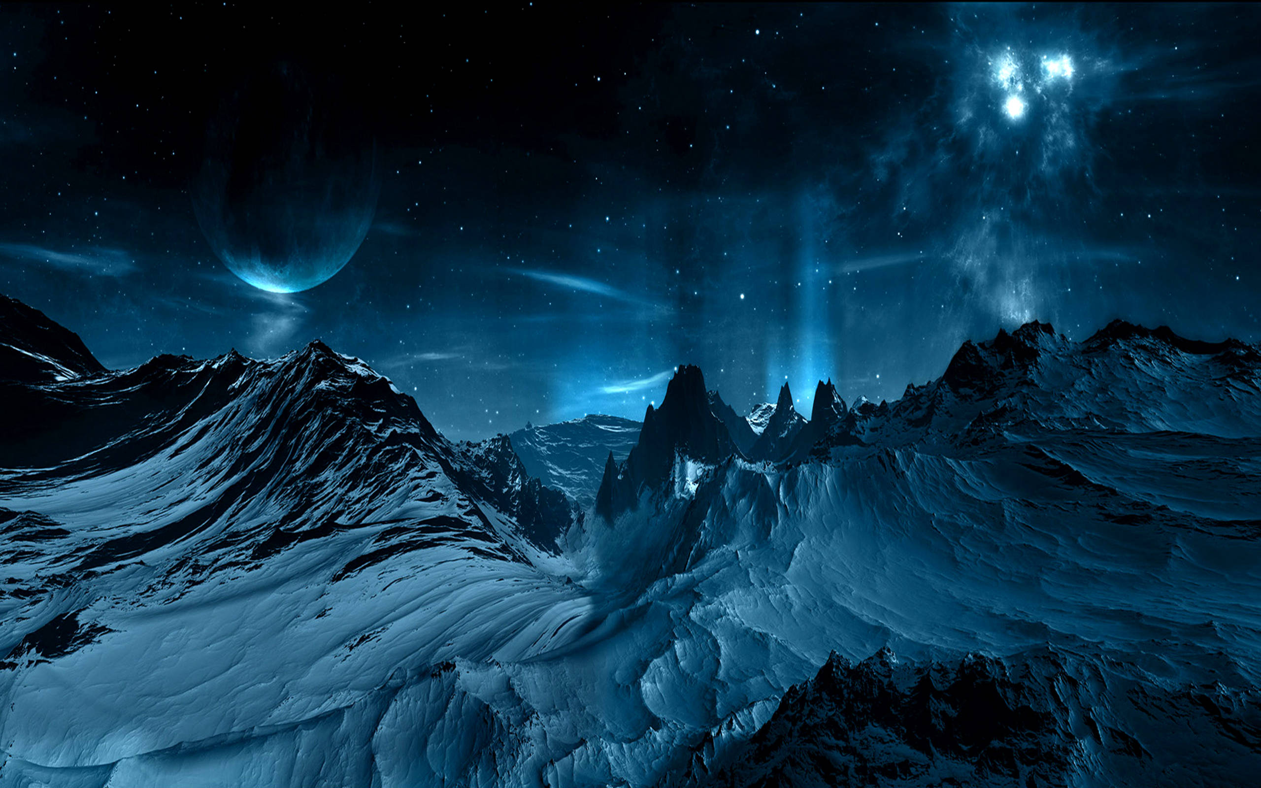 風景 桌布 壁紙 — 在星空夜空下，有發光天體和宇宙雲的雪山。