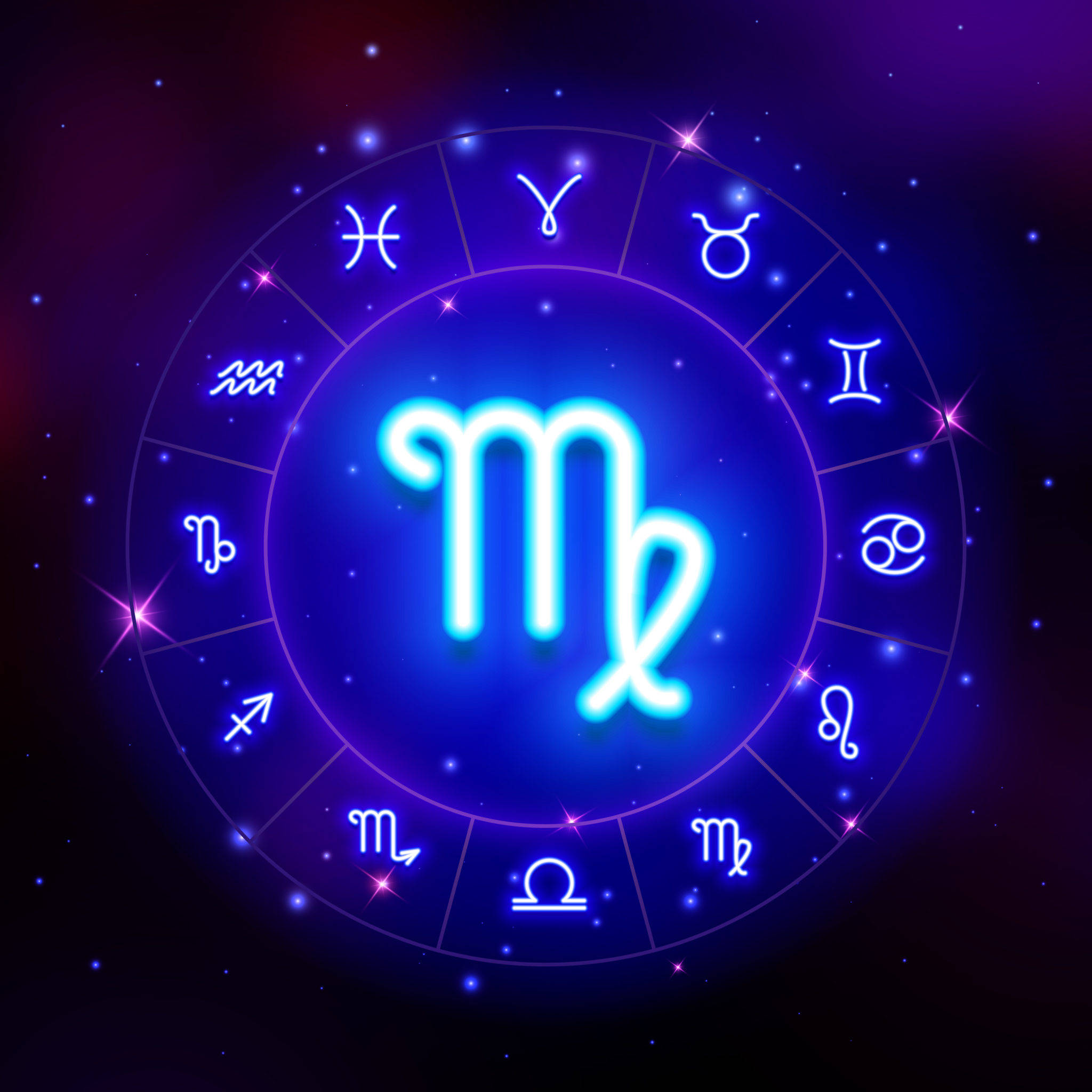 zodiac 桌布 壁紙 — 在星空宇宙背景下，發光的霓虹藍色摩羯座符號在黃道帶輪中心放射光芒。