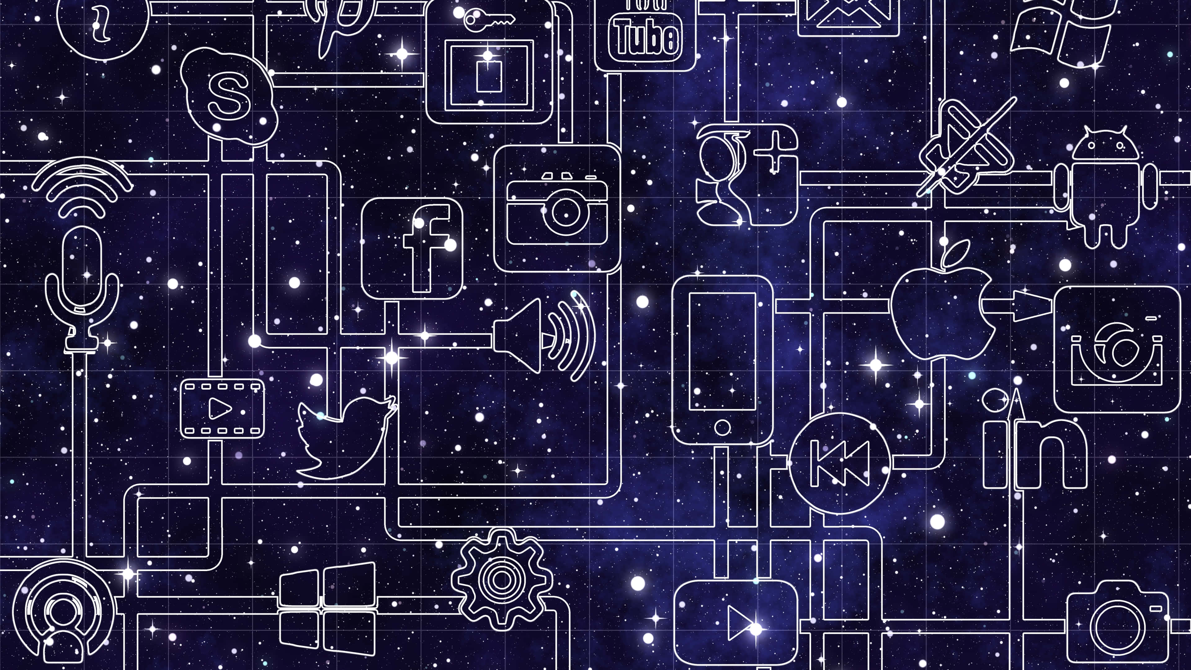銀河 桌布 壁紙 — 在星空宇宙藍色背景上相互連接的社交媒體圖標和科技符號的發光白色線條藝術。
