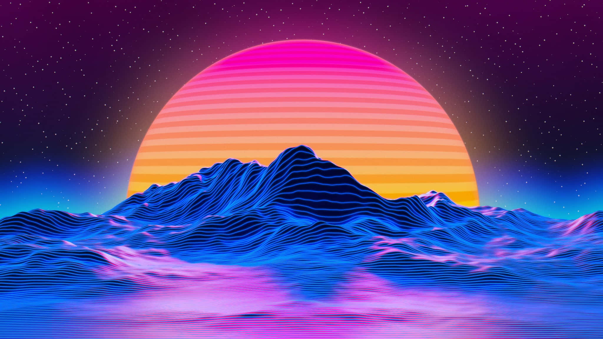 2048x1152 桌布 壁紙 — 在星空紫色天空下，藍色波浪山後面有粉紅色橙色條紋的霓虹日落。