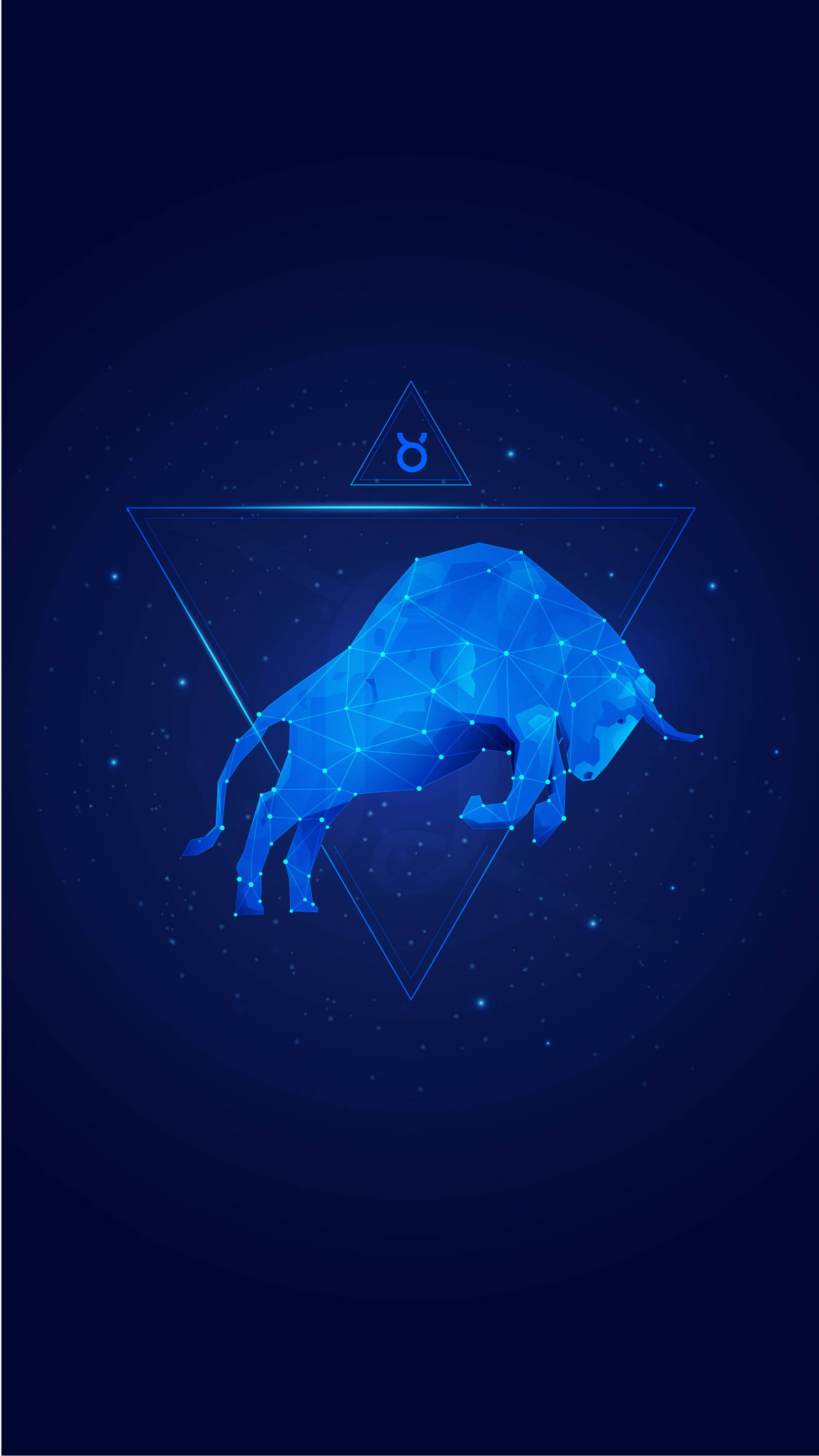 taurus 桌布 壁紙 — 在星空背景下，三角形內發光的藍色幾何金牛座。