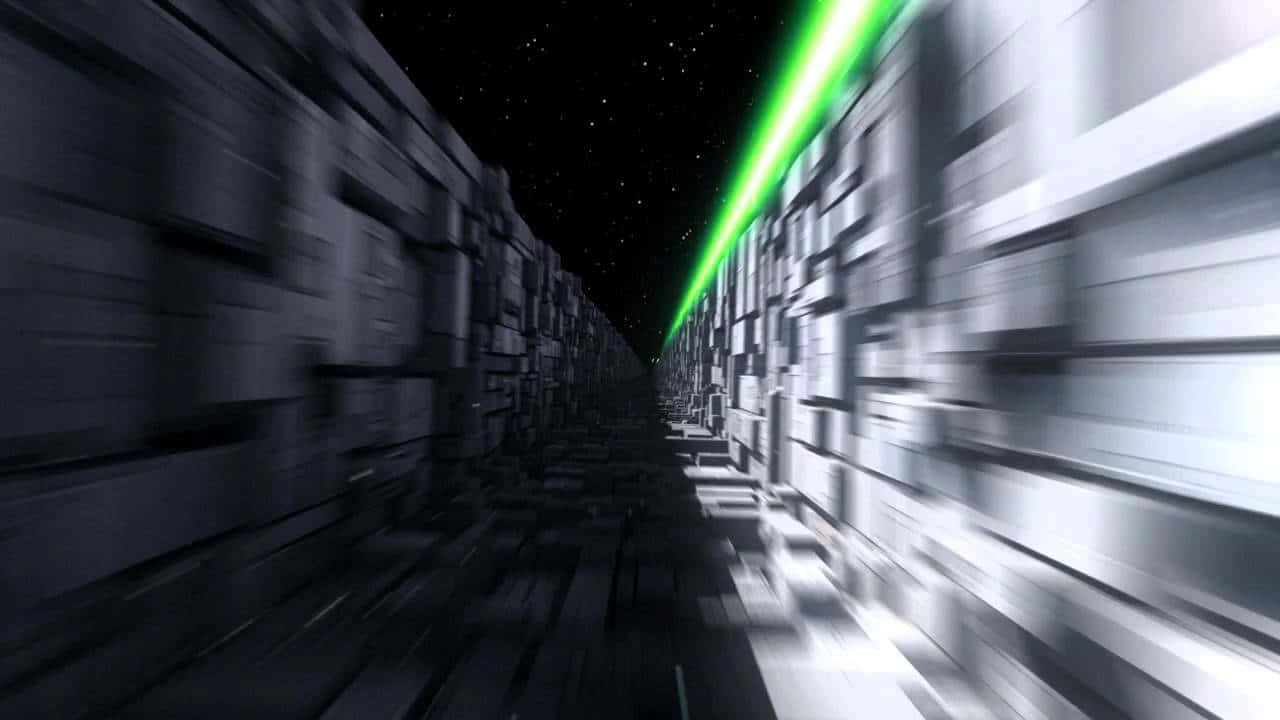 The Trench Run 桌布 壁紙 — 在星空虛空背景下，一道充滿活力的綠色雷射光束照亮了單色未來主義隧道的高速旅程。