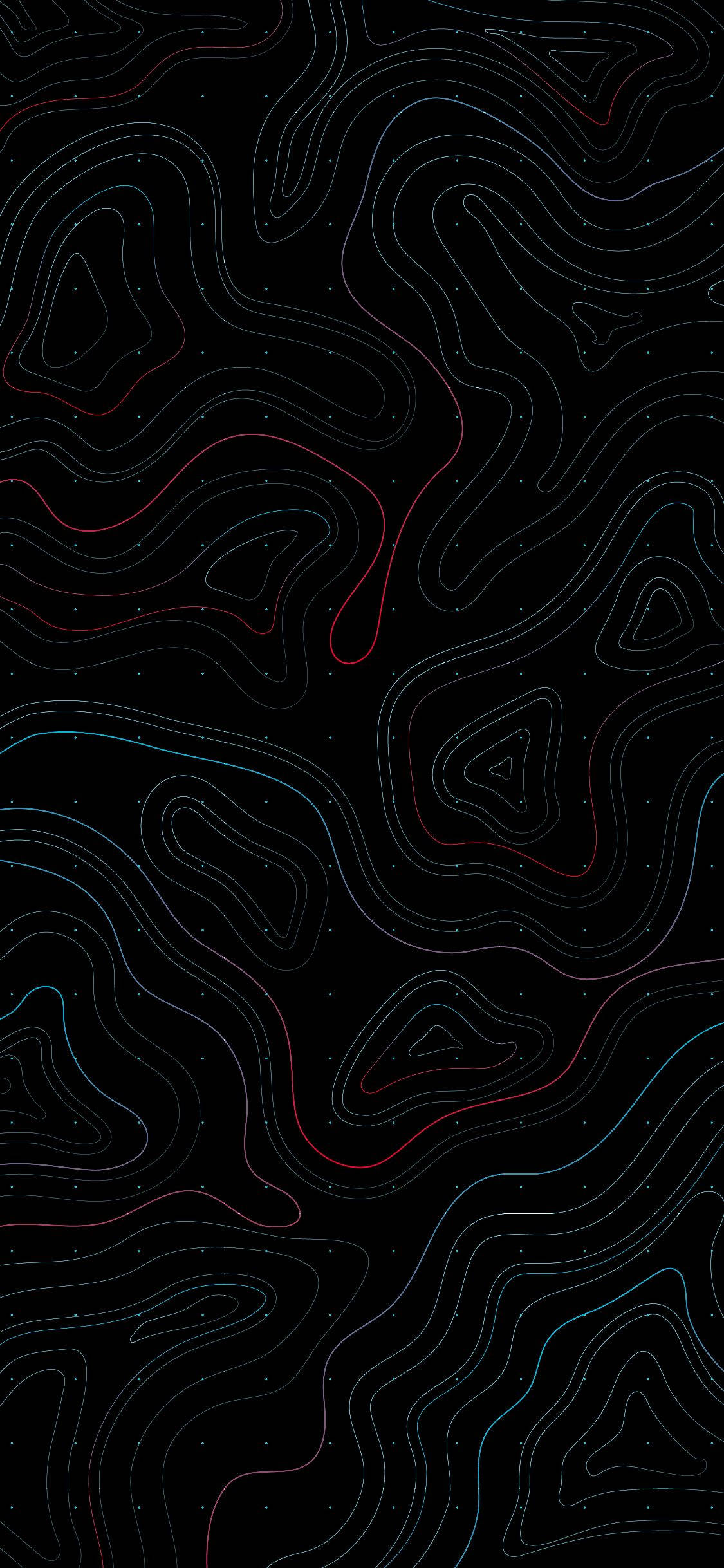 黑色電話 桌布 壁紙 — 在星空黑色背景上，發光的紅色和藍色抽象地形線條。