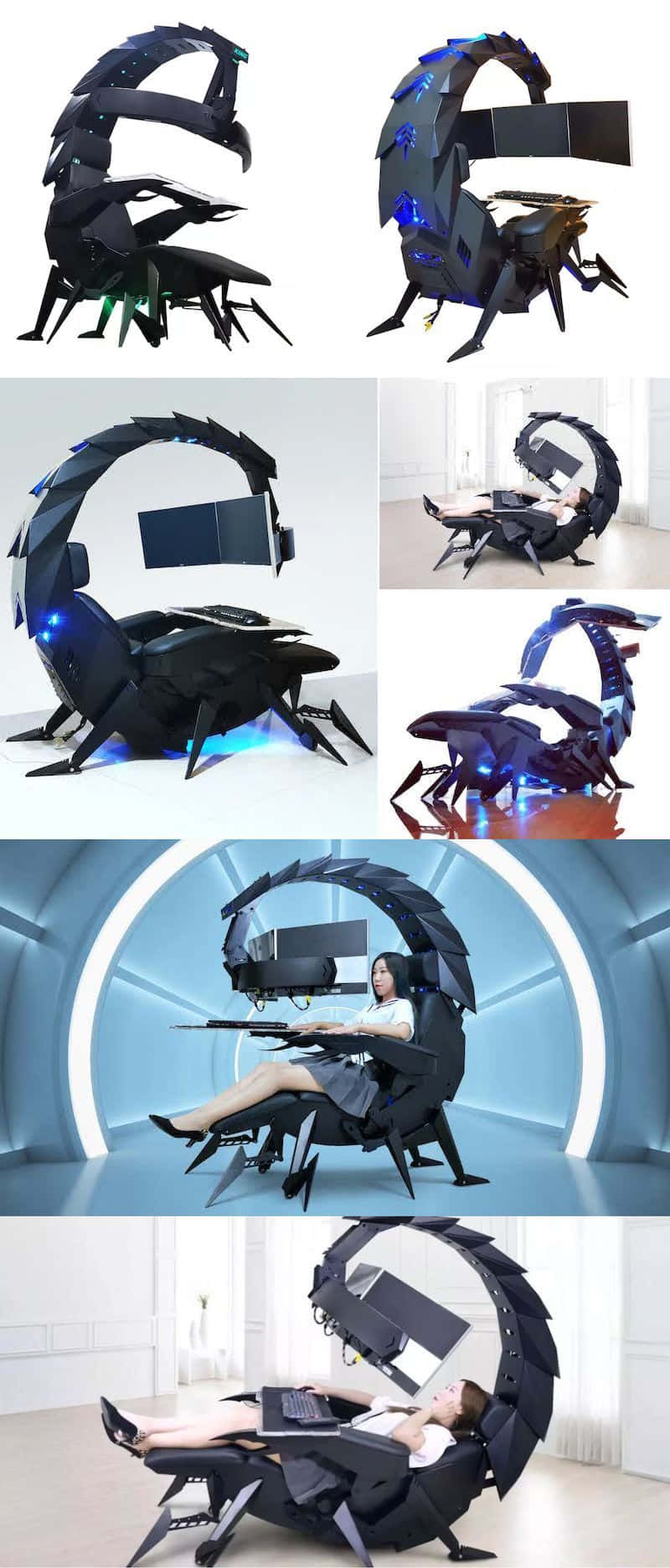 Gaming Chairs 桌布 壁紙 — 在時尚的白色房間中，一張未來感十足的天蠍形人體工學椅，帶有發光藍色點綴和集成顯示器。