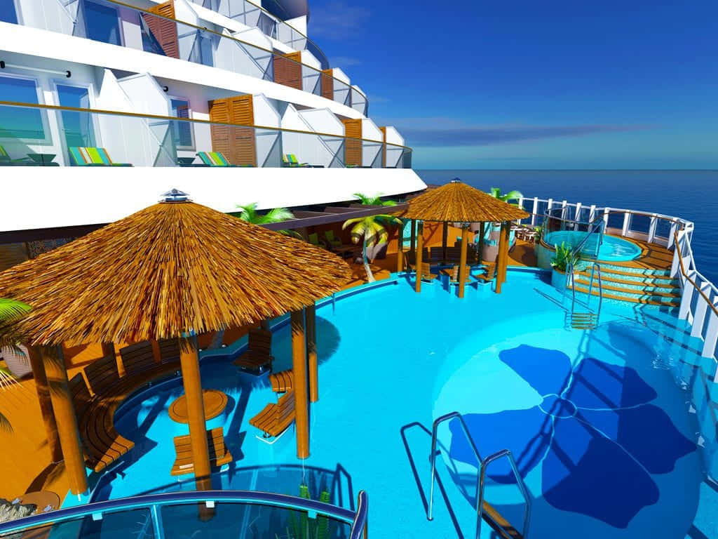 Carnival Conquest 桌布 壁紙 — 在晴朗天空下，遊輪甲板上一個明亮的藍色泳池，由茅草遮陽傘遮蔭，享有海景。