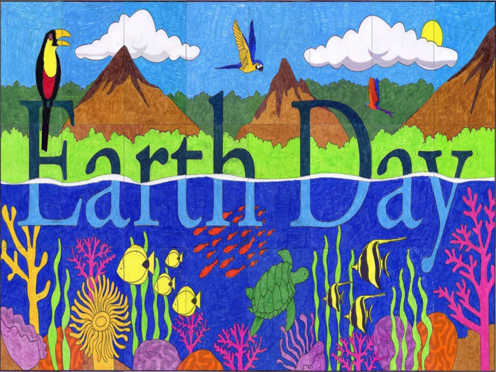 Earth Day 桌布 壁紙 — 在晴朗的天空下，分為叢林鳥類和珊瑚礁魚類的充滿活力的地球日壁畫。