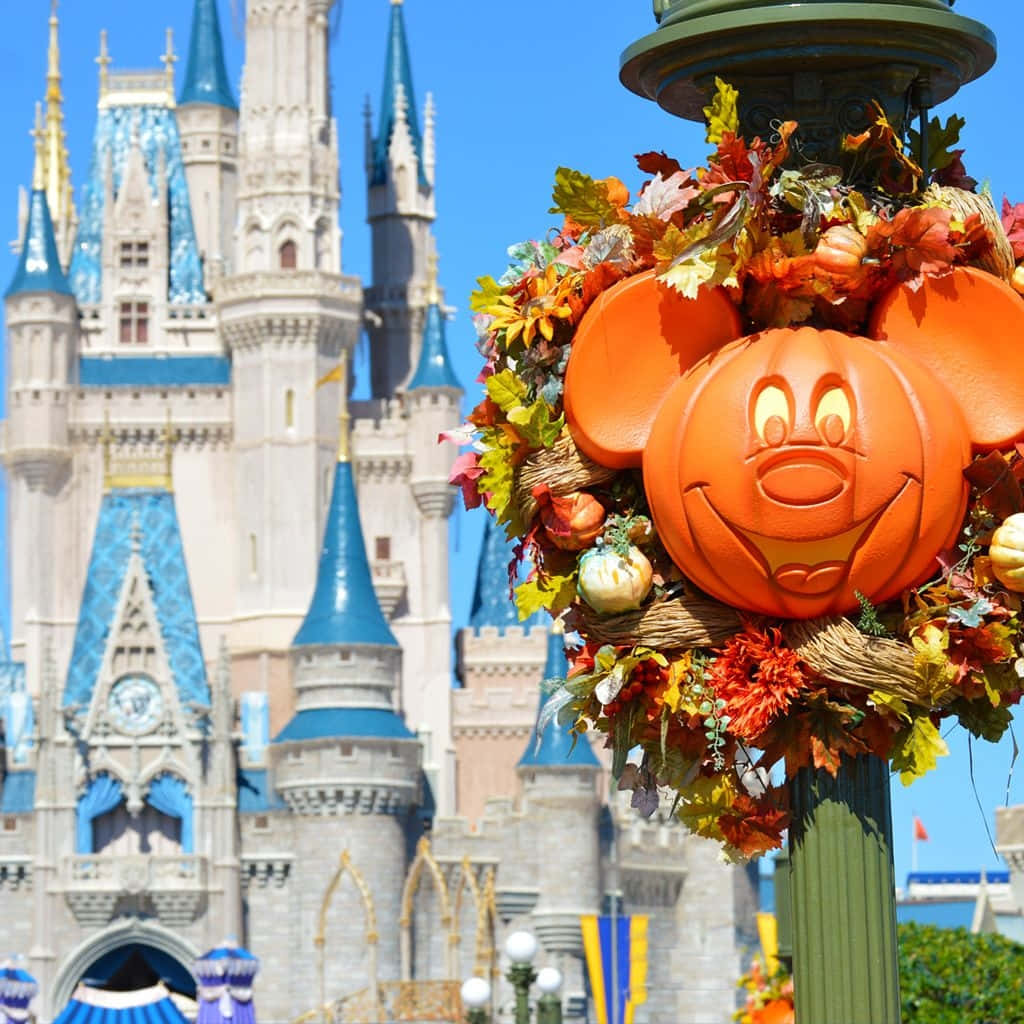 Disney Halloween 桌布 壁紙 — 在晴朗的藍天下，一個節日米奇老鼠南瓜花環裝飾著灰姑娘城堡前的燈柱。