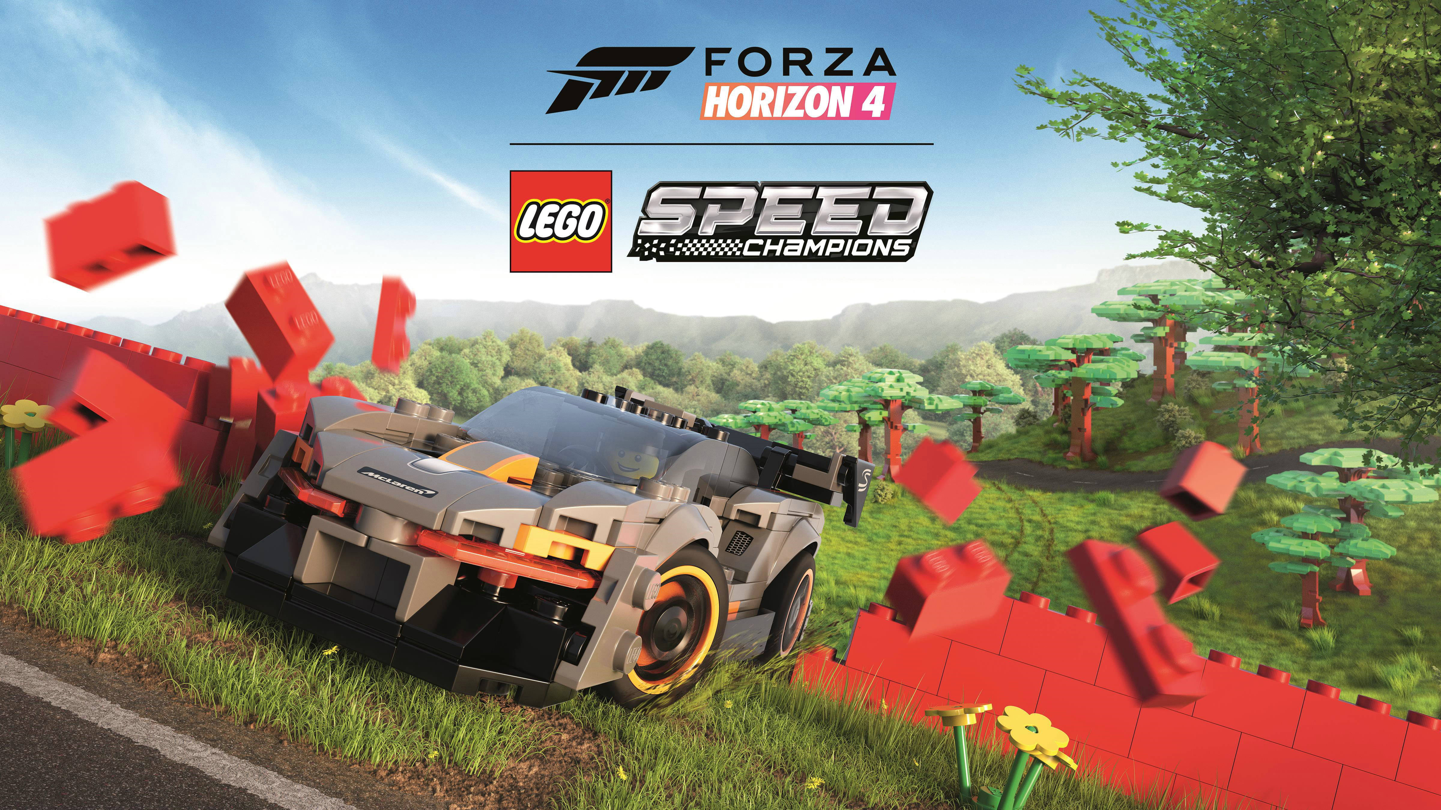 Horizon 桌布 壁紙 — 在晴朗的藍天下，一輛LEGO速度冠軍賽車在充滿活力的LEGO場景中撞穿紅磚牆。