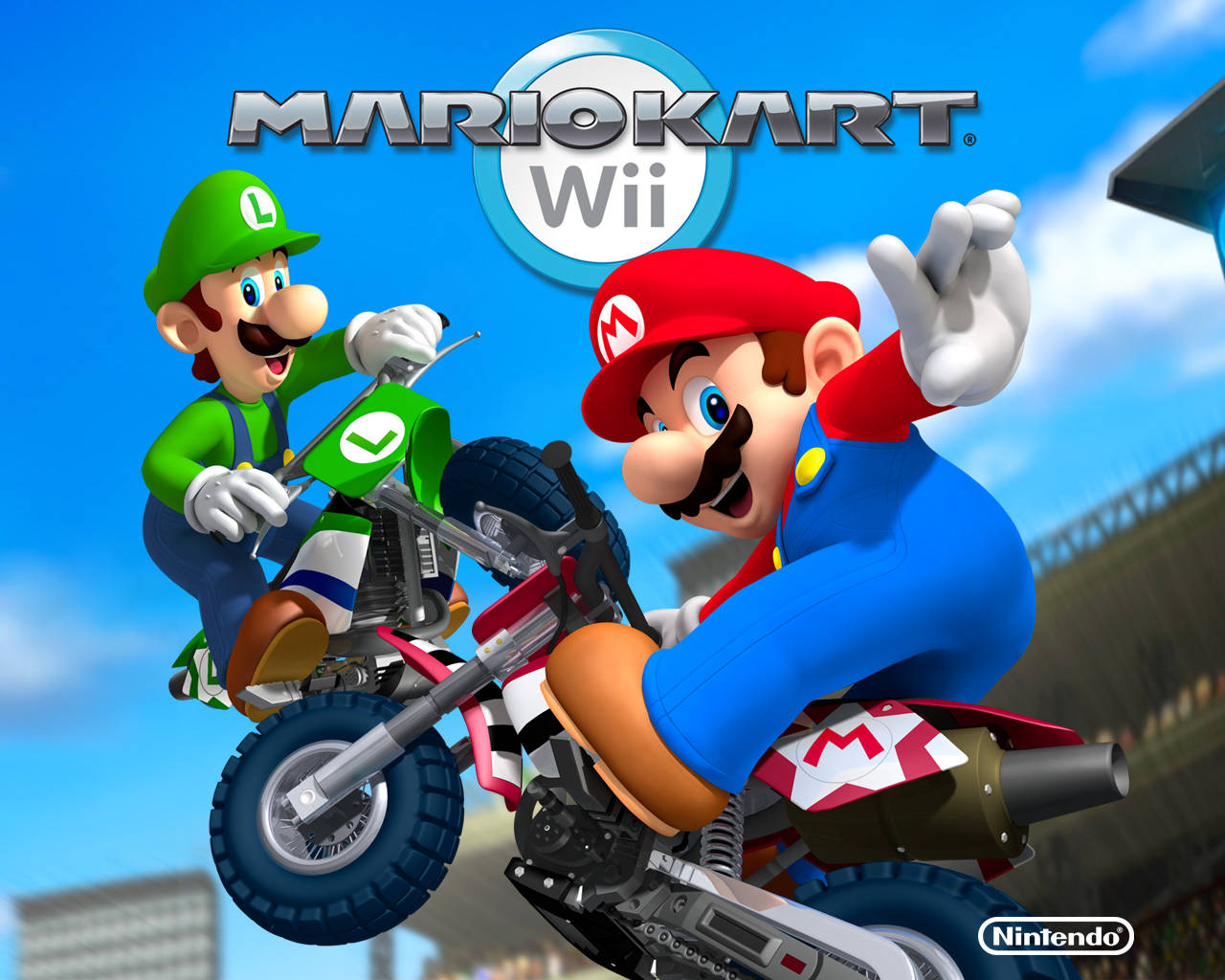 Mario And Luigi 桌布 壁紙 — 在晴朗的藍天下，瑪利歐和路易吉在充滿動感的Mario Kart Wii宣傳場景中駕駛越野摩托車比賽。