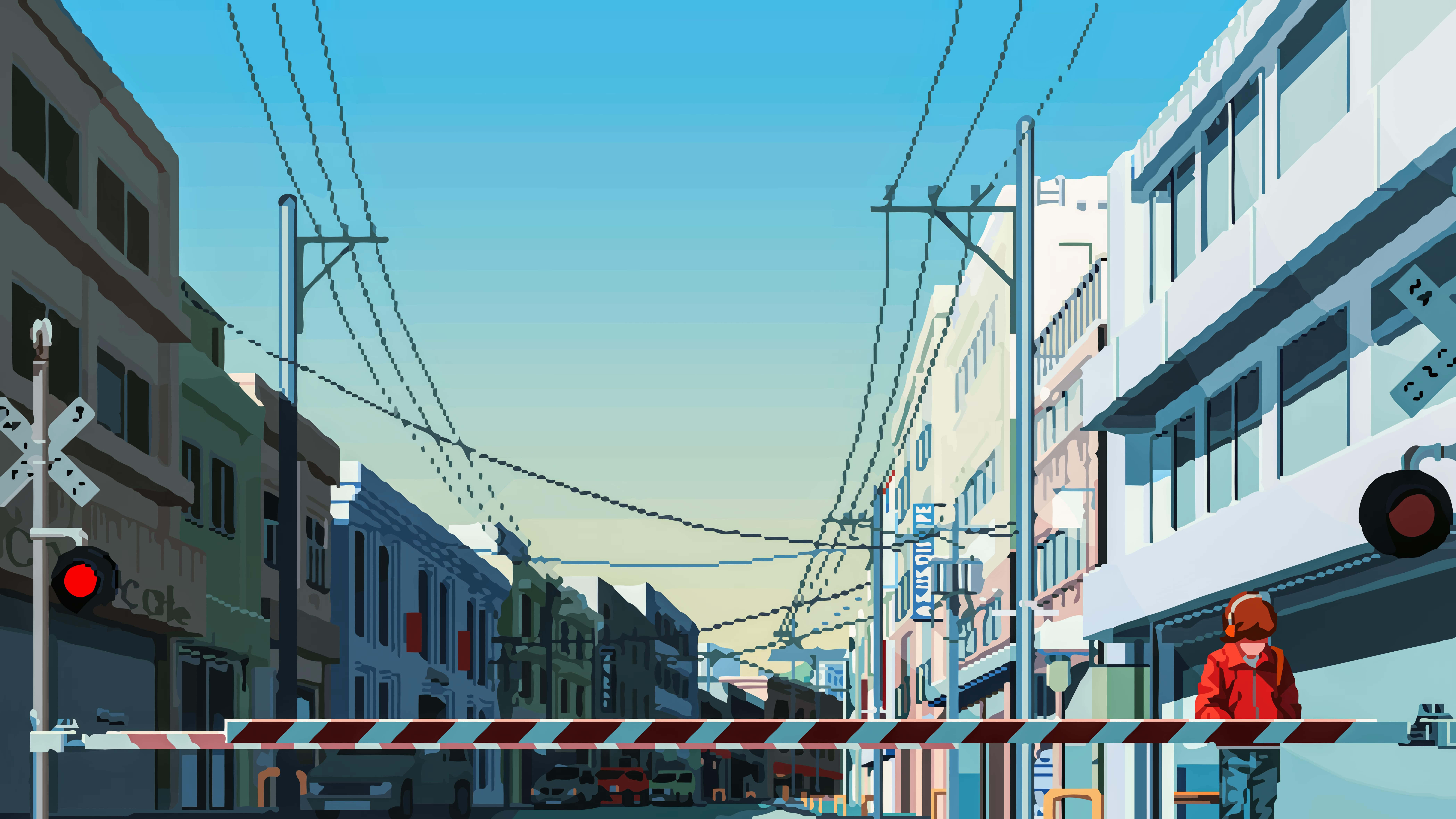 City Pixel Art 桌布 壁紙 — 在晴朗藍天下，一個風格化的城市街道場景，有紅色交通號誌和條紋柵欄。