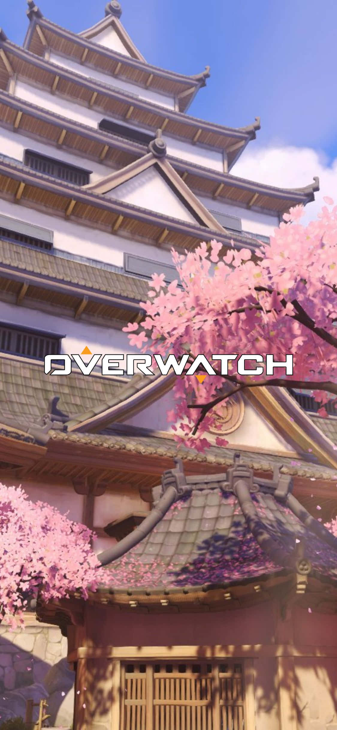 iPhone X Overwatch 桌布 壁紙 — 在晴朗藍天下，一座充滿活力的動漫風格日本城堡，點綴著盛開的粉紅櫻花。