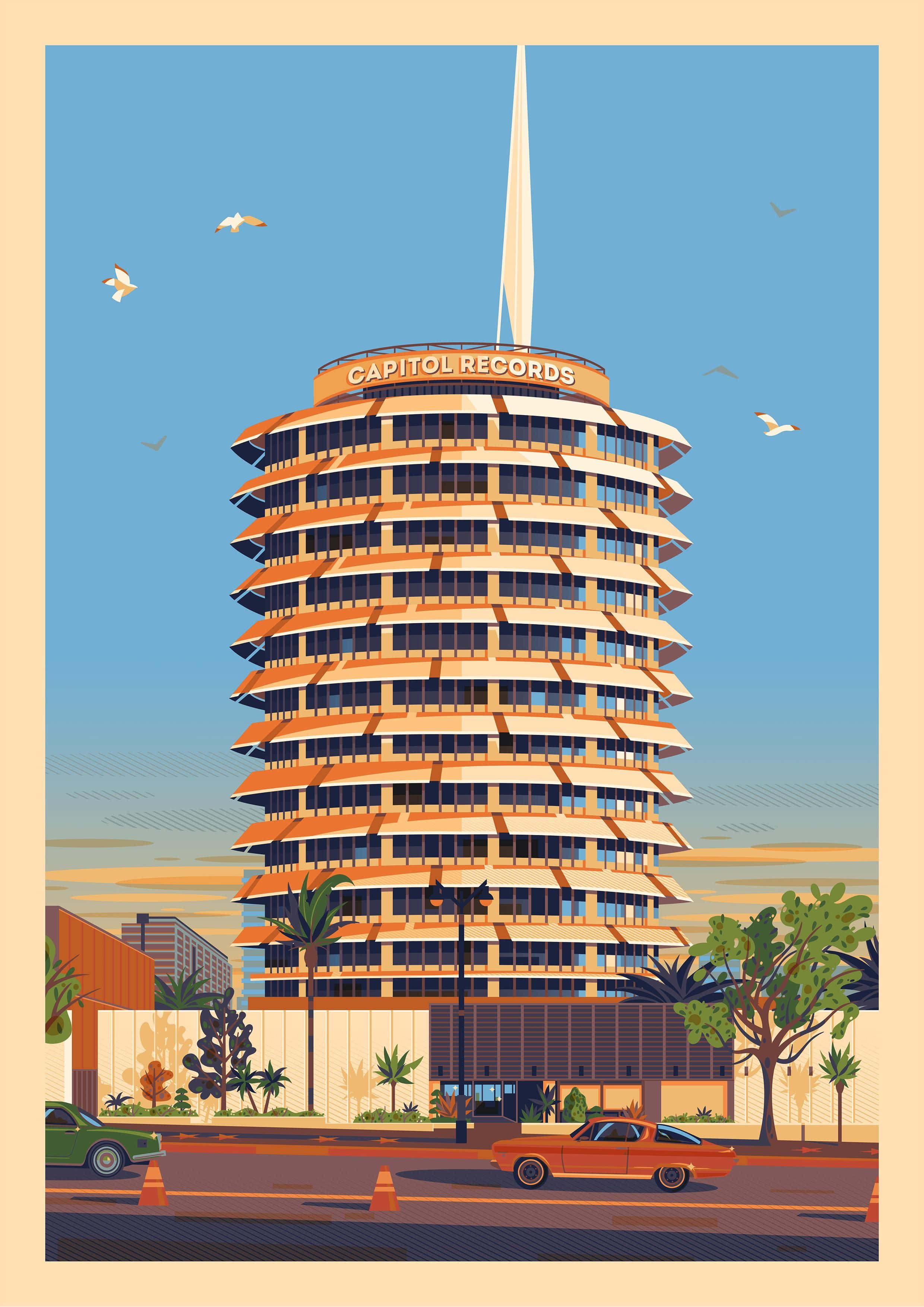 Building 桌布 壁紙 — 在晴朗藍天下，標誌性的Capitol Records大樓的風格化插圖，下方有復古汽車和棕櫚樹。