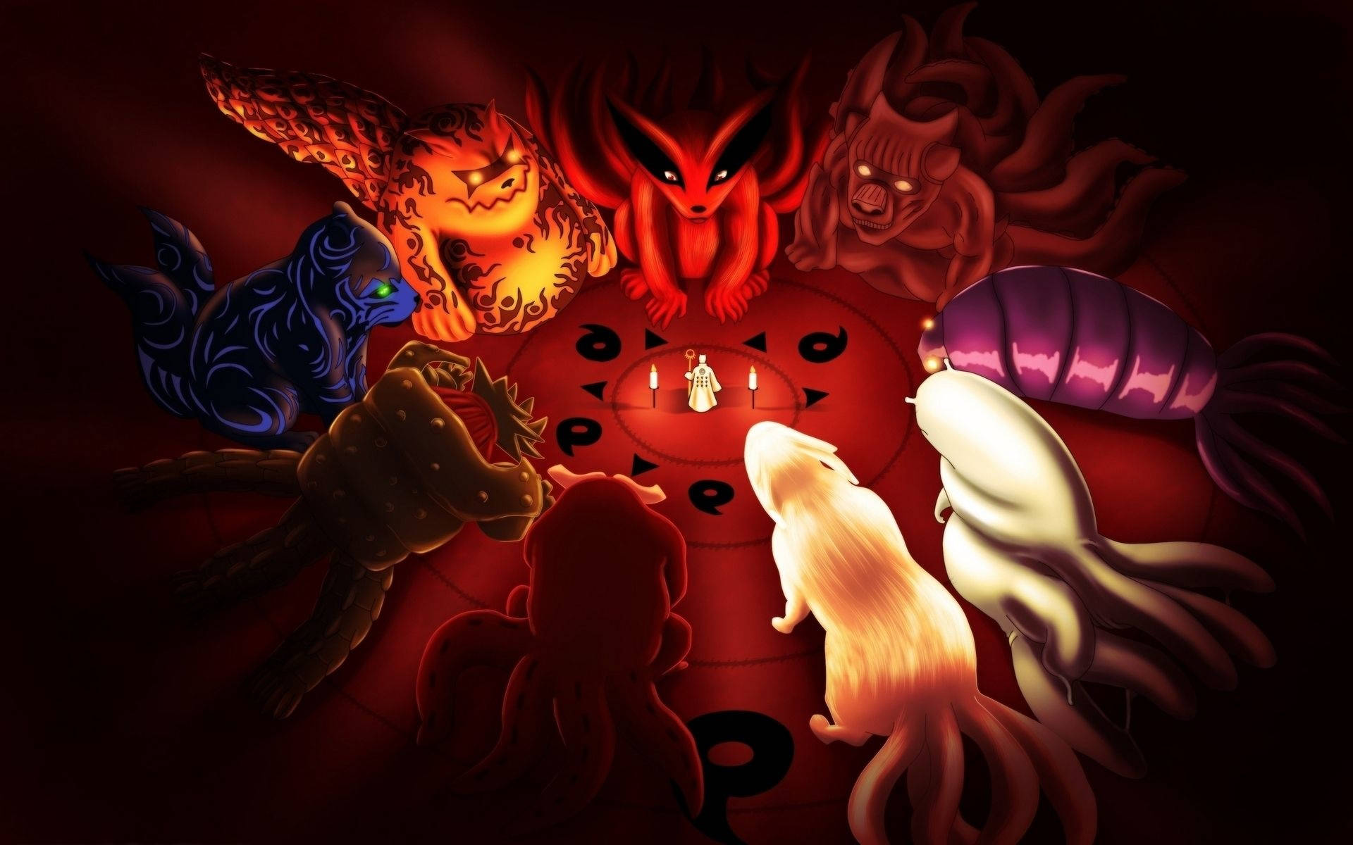 Kurama 桌布 壁紙 — 在暗紅色的天空下，一個孤獨的身影站在九隻發光尾獸的圓圈中。