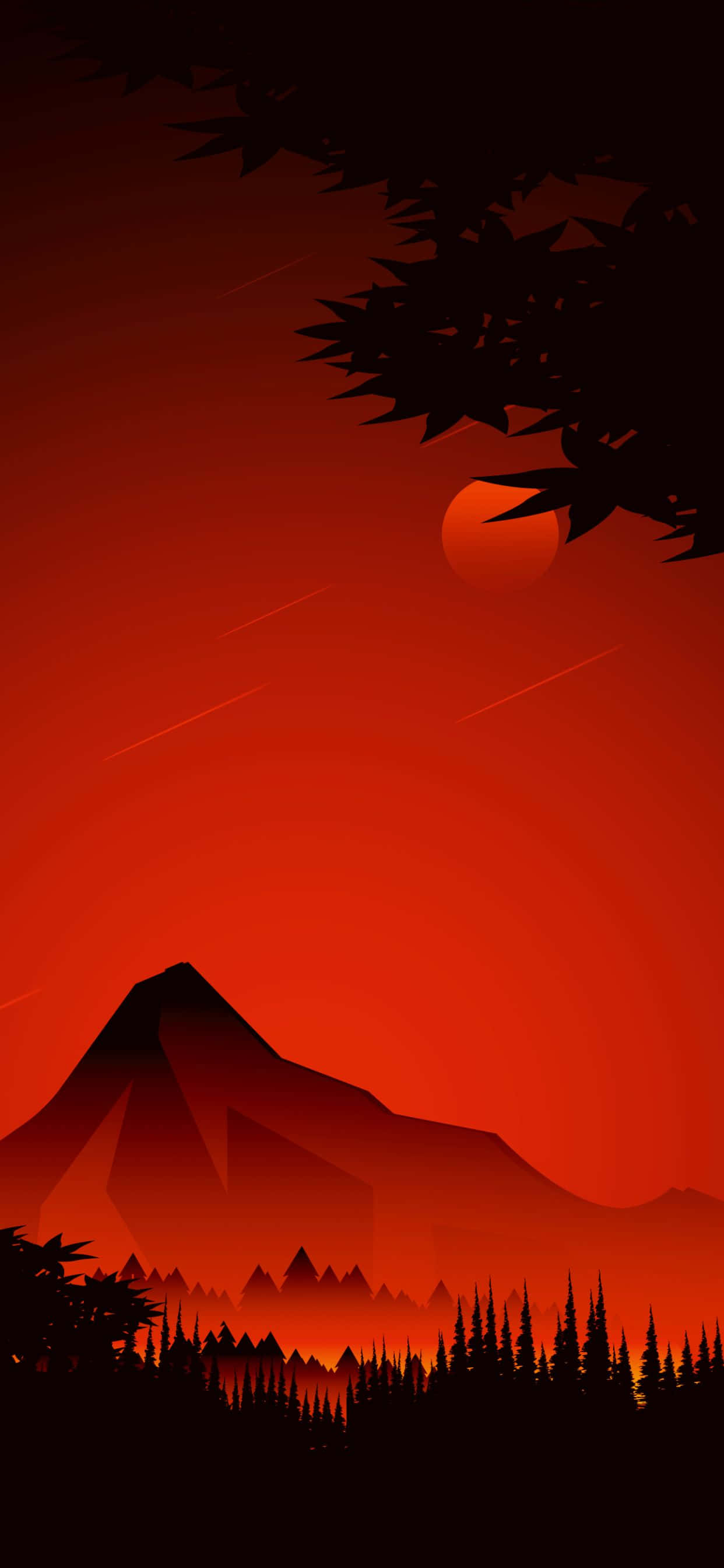 Minimalist Phone 桌布 壁紙 — 在暗色樹枝框住的火紅日落下的風格化山脈剪影。